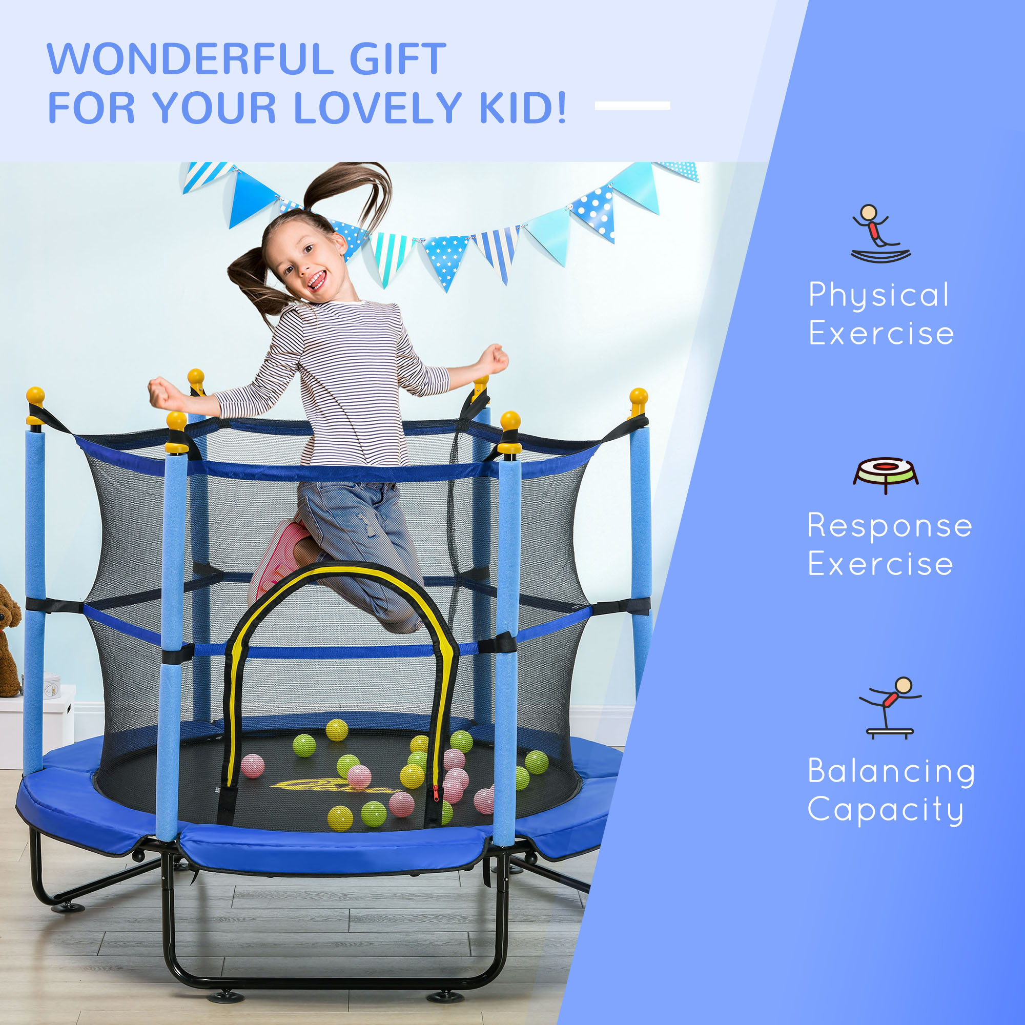 Qaba Kids Trampoline, 4.6 Feet with Safety Enclosure and Ball Pit, Blue, Indoor Play Equipment | Aosom.com 5