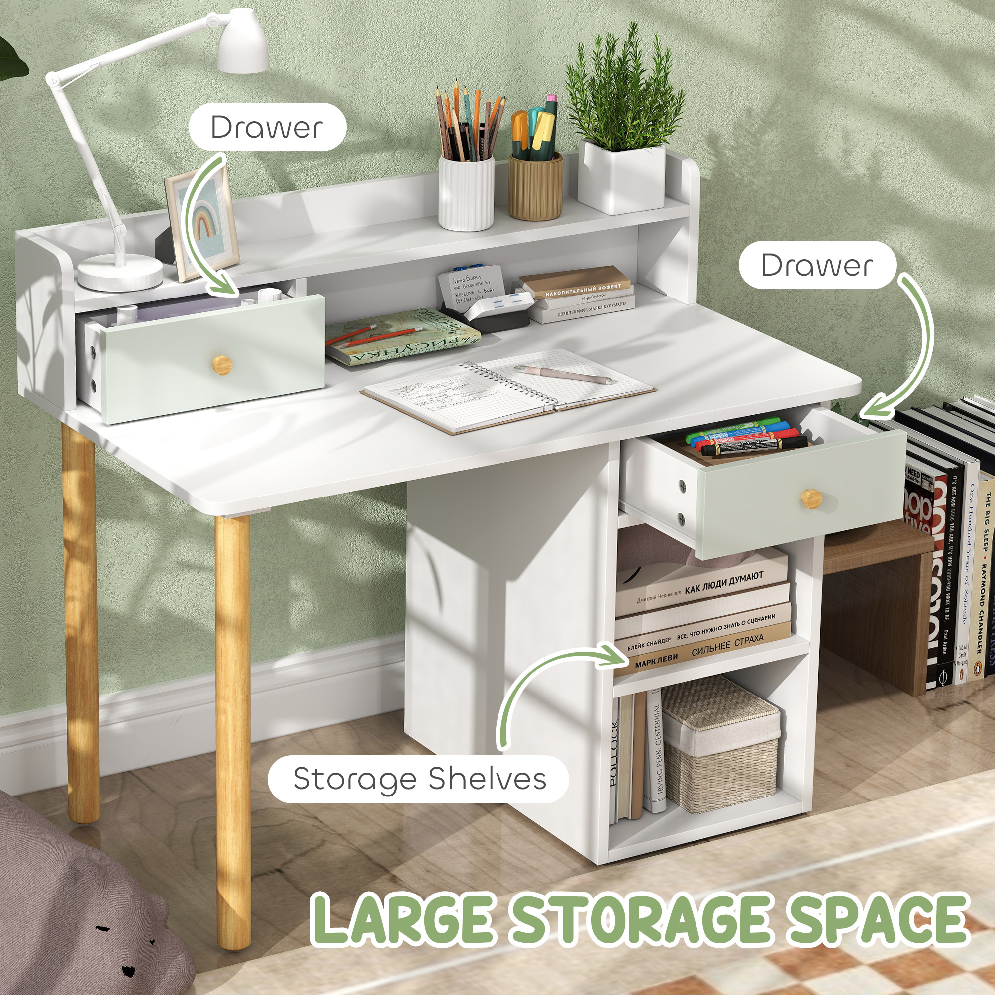 Qaba Kids Study Table and Chair Set, Kids Desk and Chair Set w/ Storage ...
