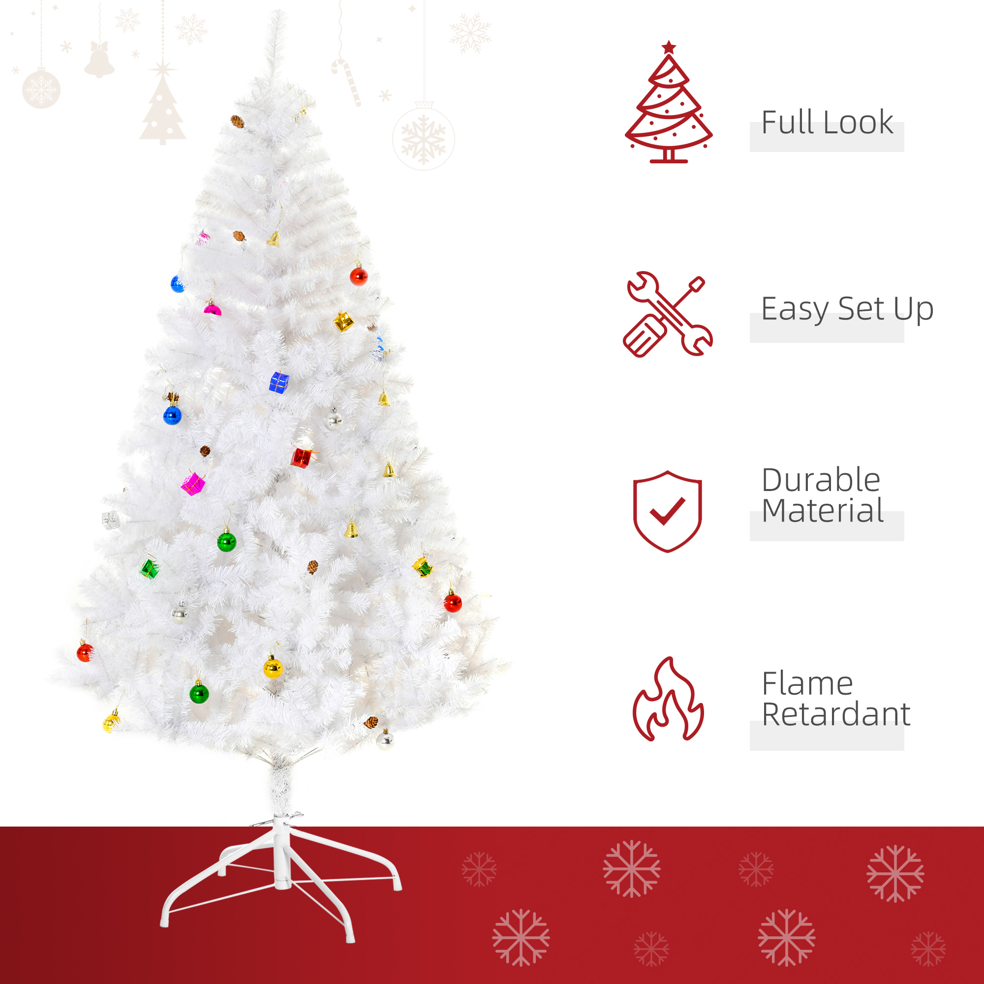HOMCOM 5.9 Artificial White Christmas Tree with Decorations