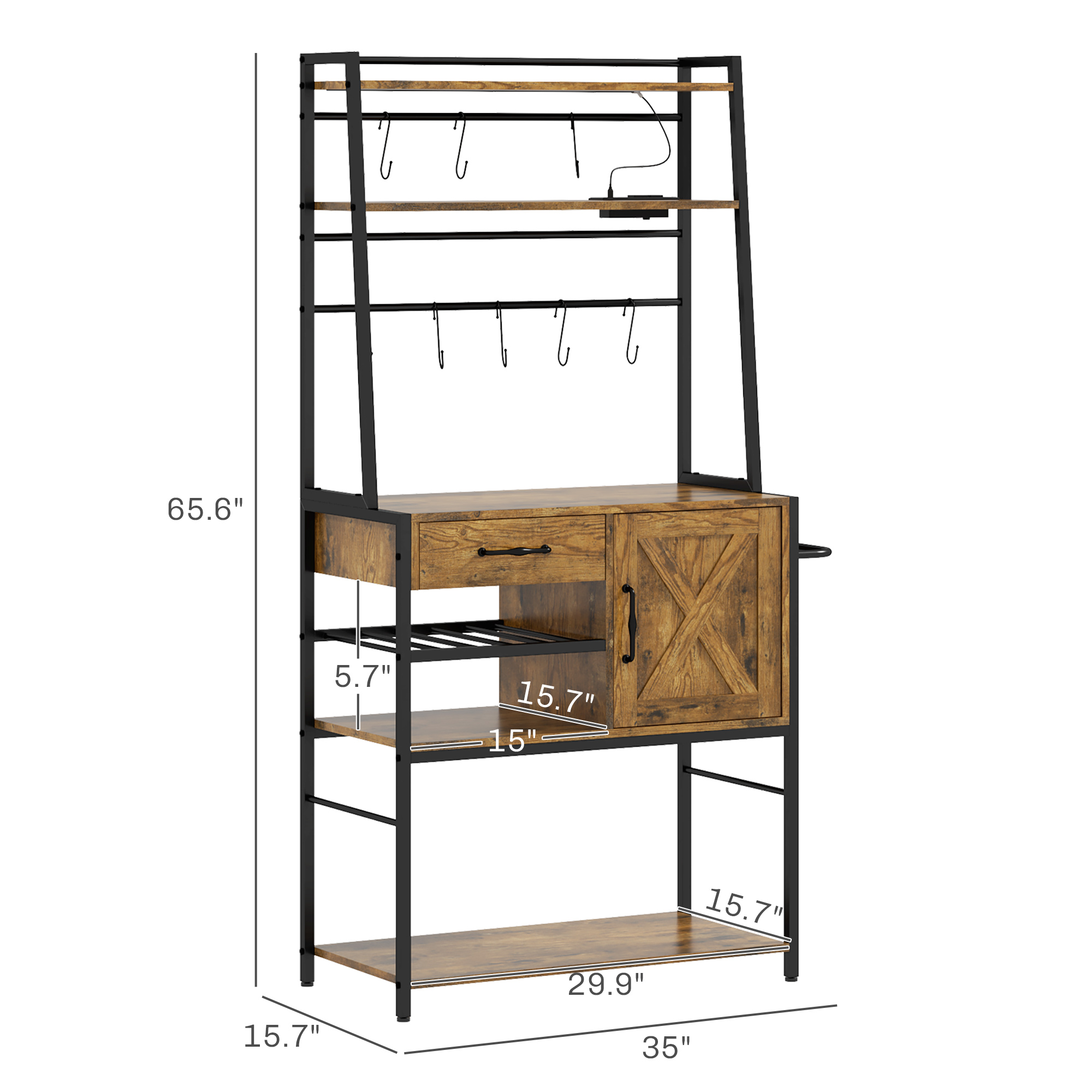 HOMCOM Industrial Kitchen Shelving Unit, Open Shelves for Kitchen w/ Charging Station, Towel Rack & LED Lights, Rustic Brown | Aosom.com 1
