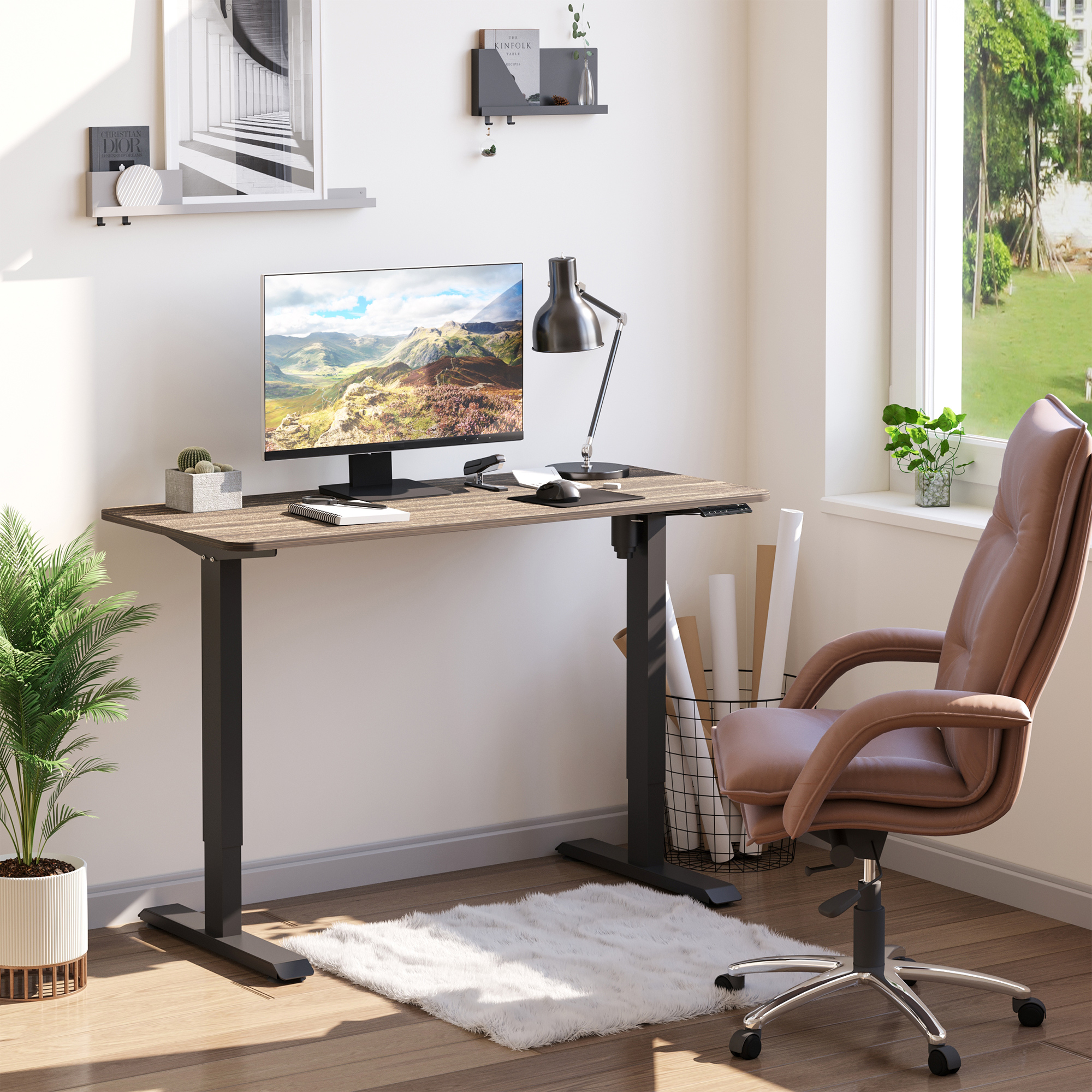 Bestier 58 in. Rectangular Rustic Brown Wood Sit to Stand Desk with Monitor Stand and Cup Holder 1010725391 - The Home Depot Bestier 58 in. Rectangular Rustic Brown Wood Sit to Stand Desk with Monitor Stand and Cup Holder 1010725391 - The Home Depot