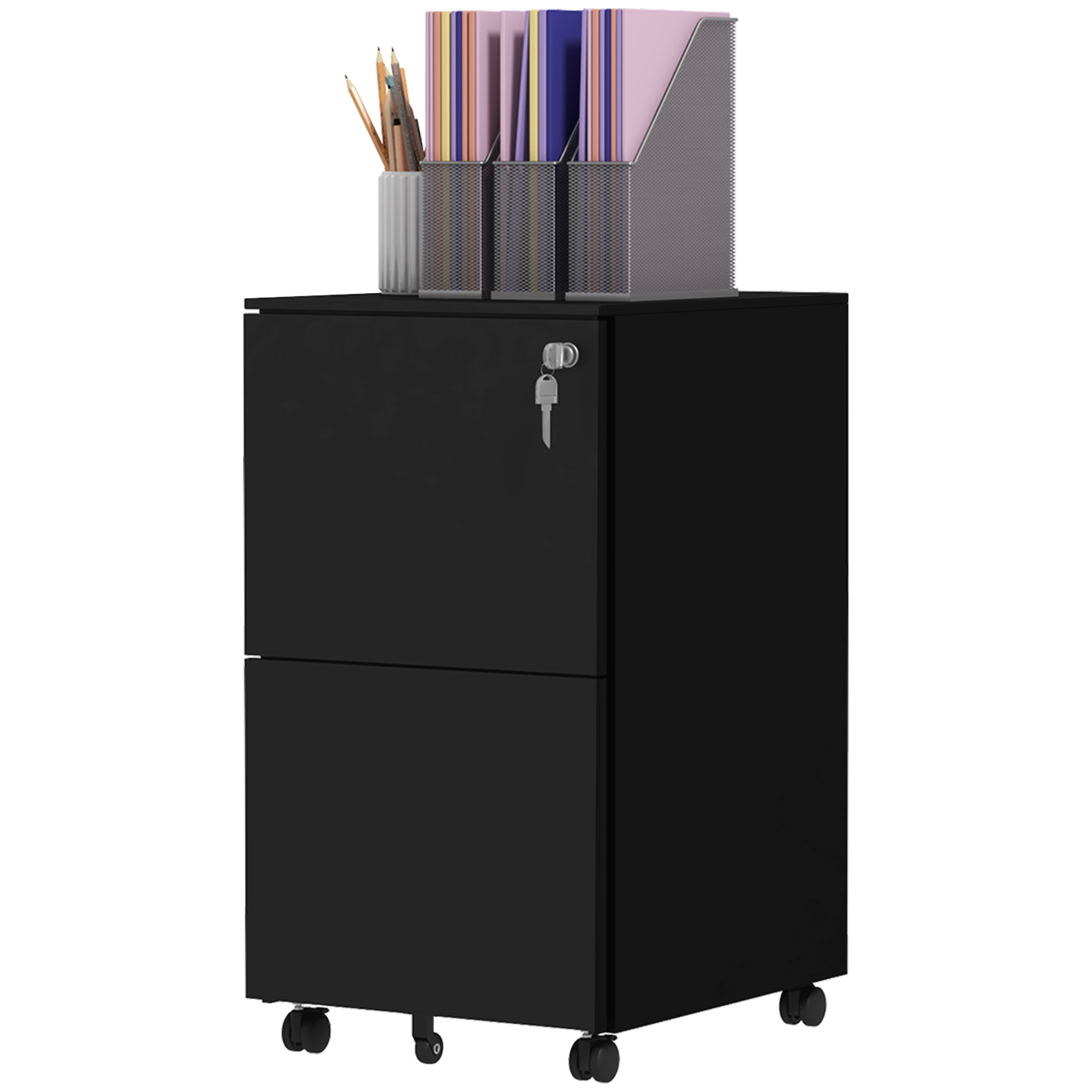 2-Organizer Drawer Lockable File Organizer Unit with Adjustable-Height Hanging Bar for A4, Vertical Steel Document Organizer Unit on Castors, Legal and Letter Size, Black 1