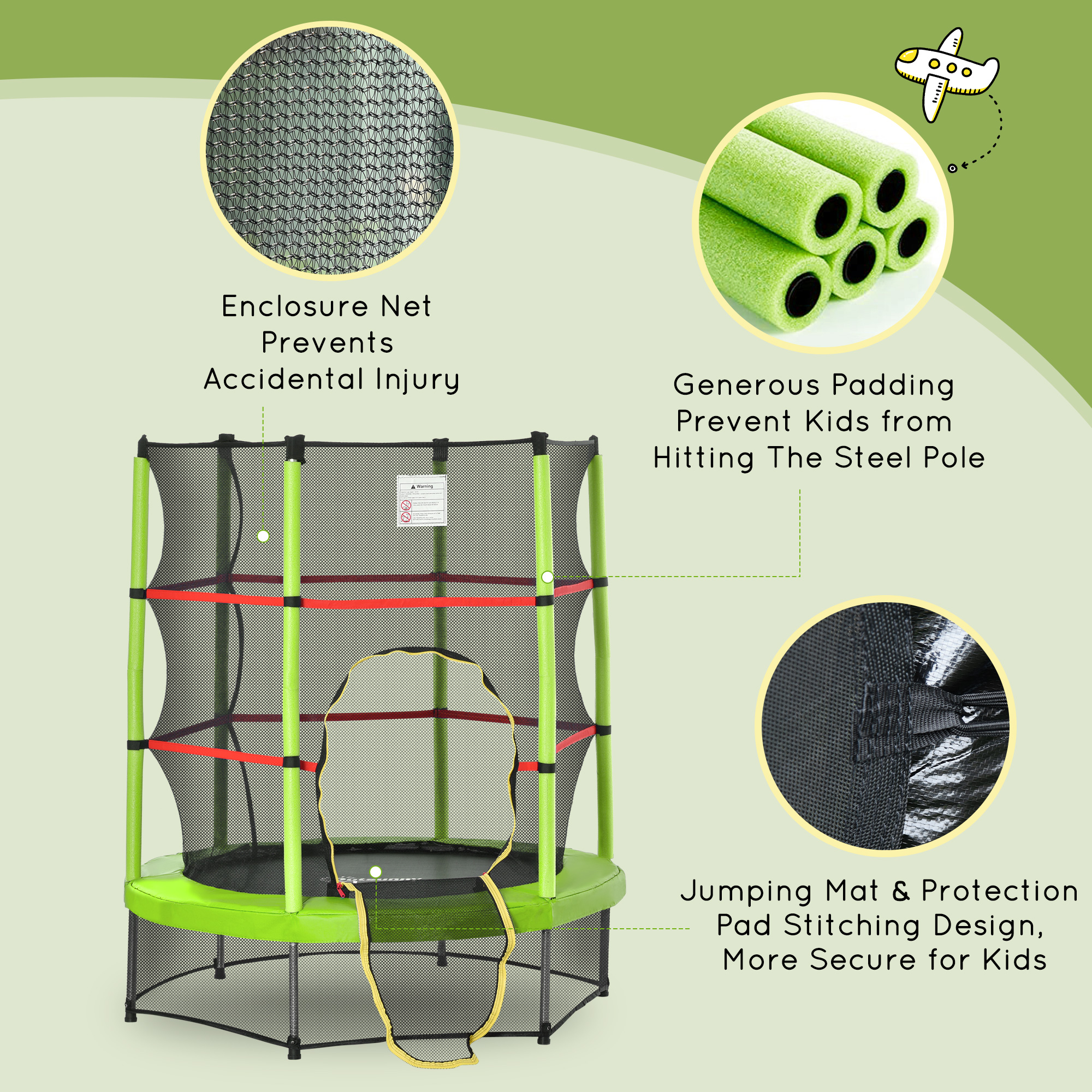 Outsunny 4.5FT Green Kids Trampoline with Safety Enclosure Net, Springless Design, for Ages 3 to 6 | Aosom.com 4