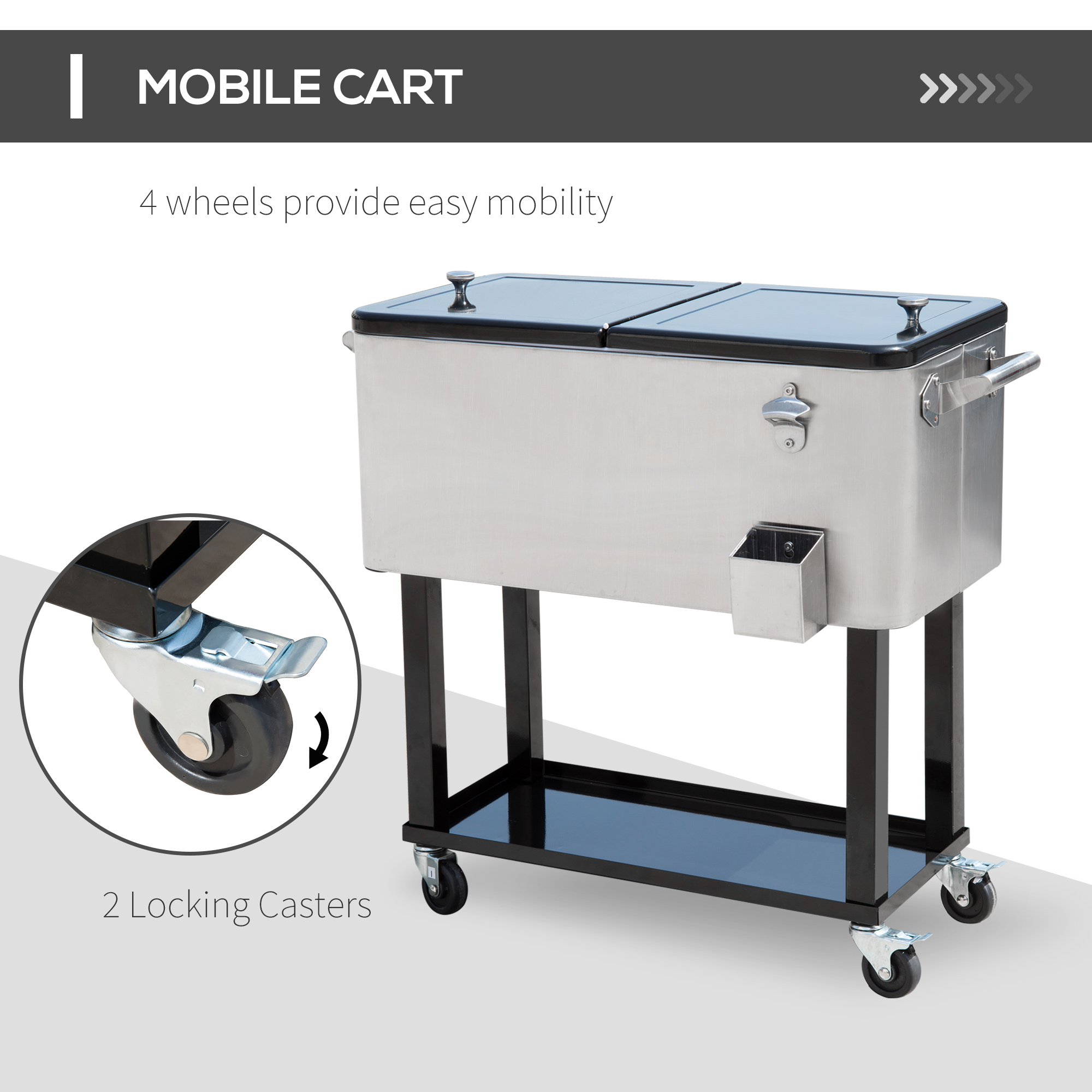 HomVent 80 Quart Rolling Cooler Cart - Outdoor Party Cooler With Wheels & Shelf