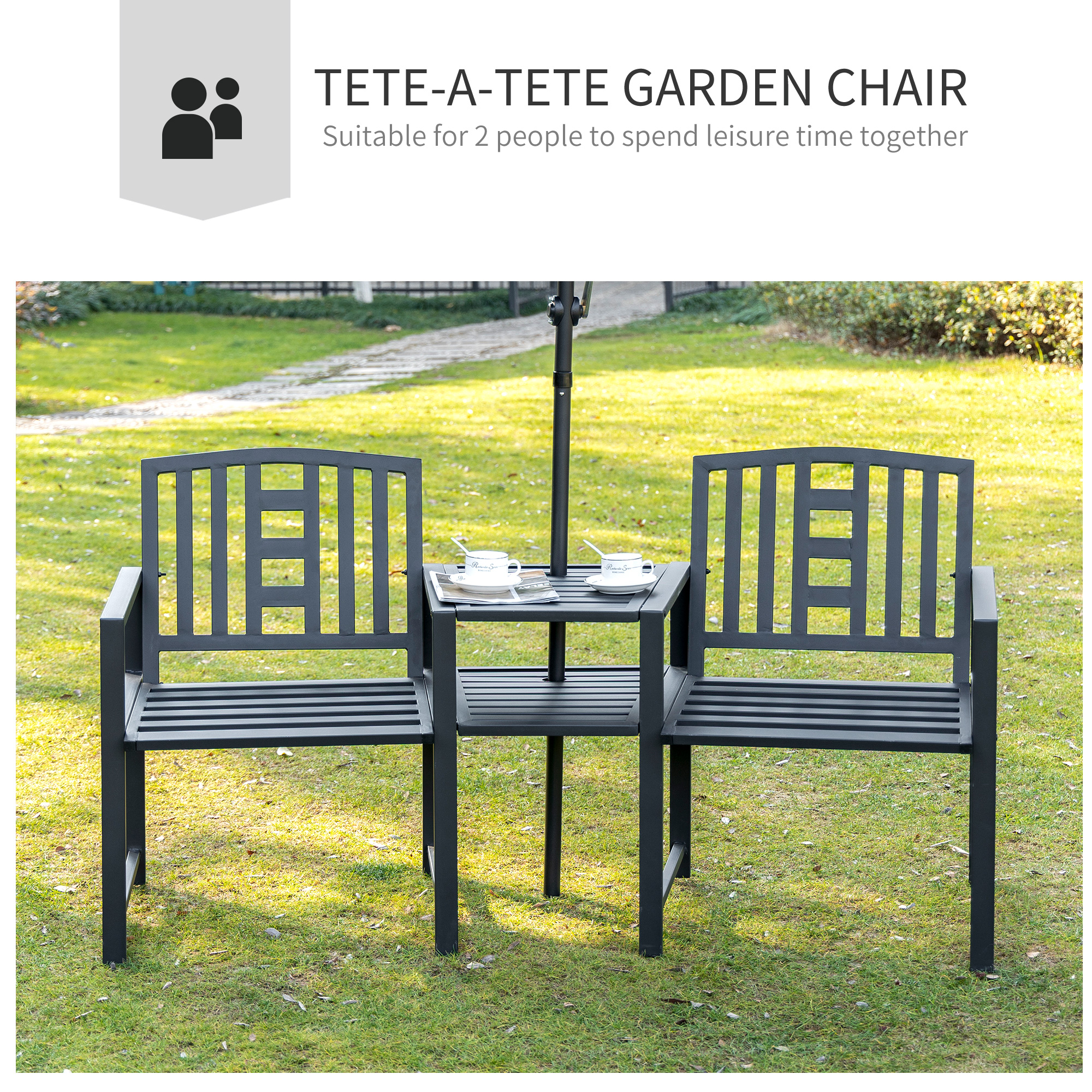 Outsunny Tete-a-Tete Garden Bench with Center Table, Metal Frame