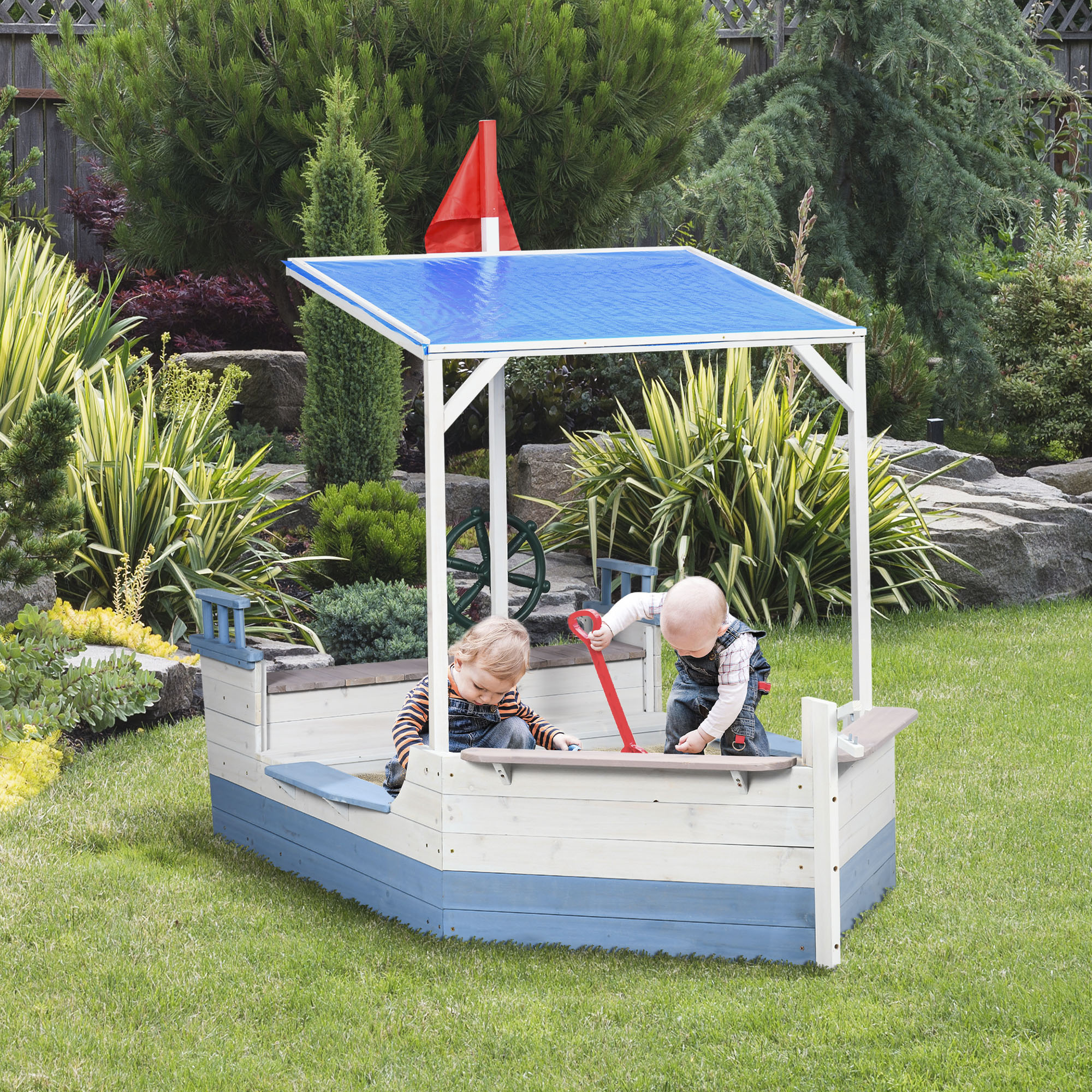 Outsunny Wooden Sandbox with UV-resistant Canopy, Kids Sandboat