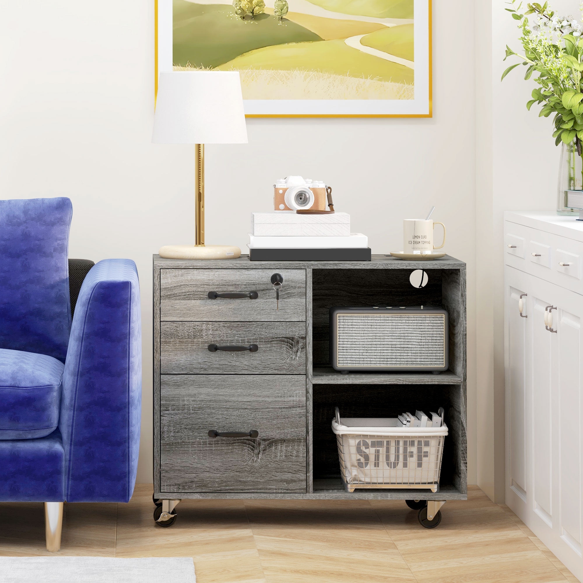 Rolling Print Stand with Power Hub USB Ports Locking Document Organizer Unit for A4 Letter Size Grey 2