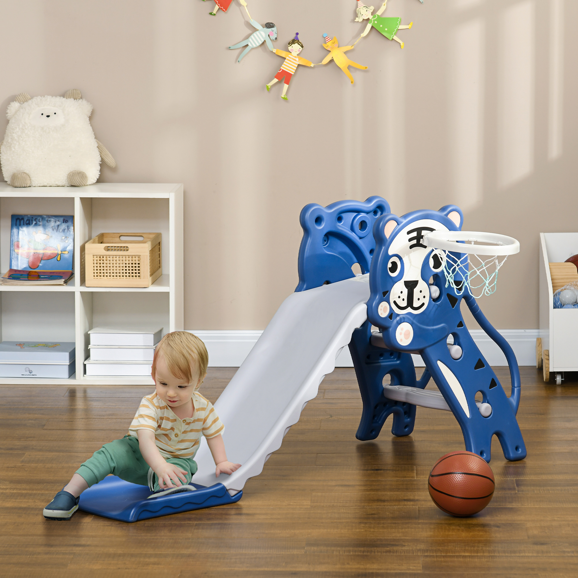 Qaba Kids Slide with Basketball Hoop Indoor Baby Slide Easy Setup for Toddlers 18-36 Months Blue Aosom Canada