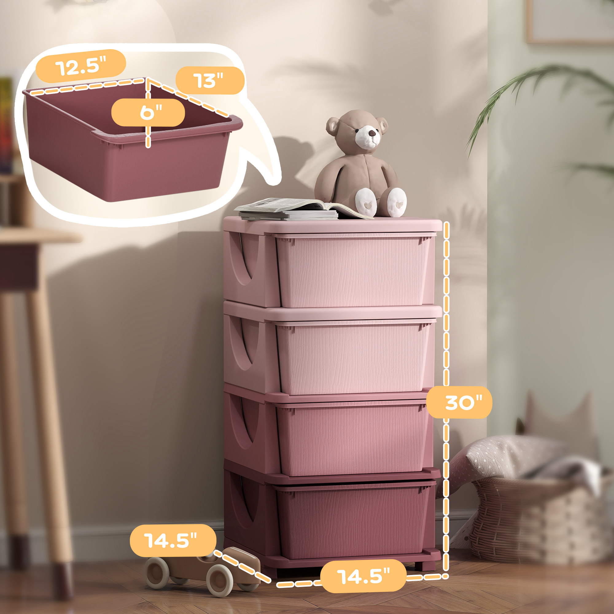 Qaba 30" 4 Tier Kids Storage Unit Dresser Tower w/ 4 Drawers, Pink 1