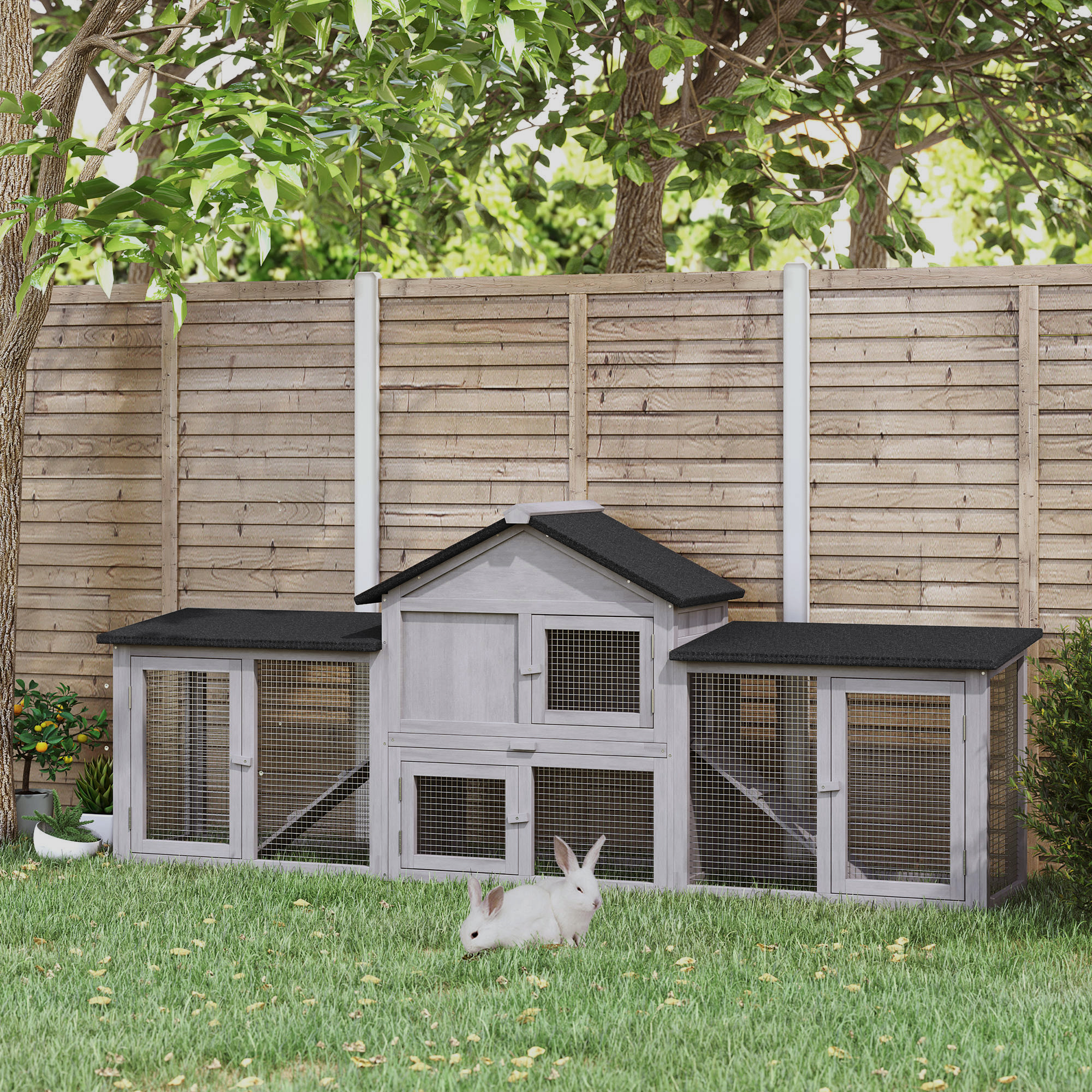 PawHut Spacious Rabbit Hutch with Double Runs, Slide-Out Tray & Ramps - 83"x18"x33", Grey Aosom Canada