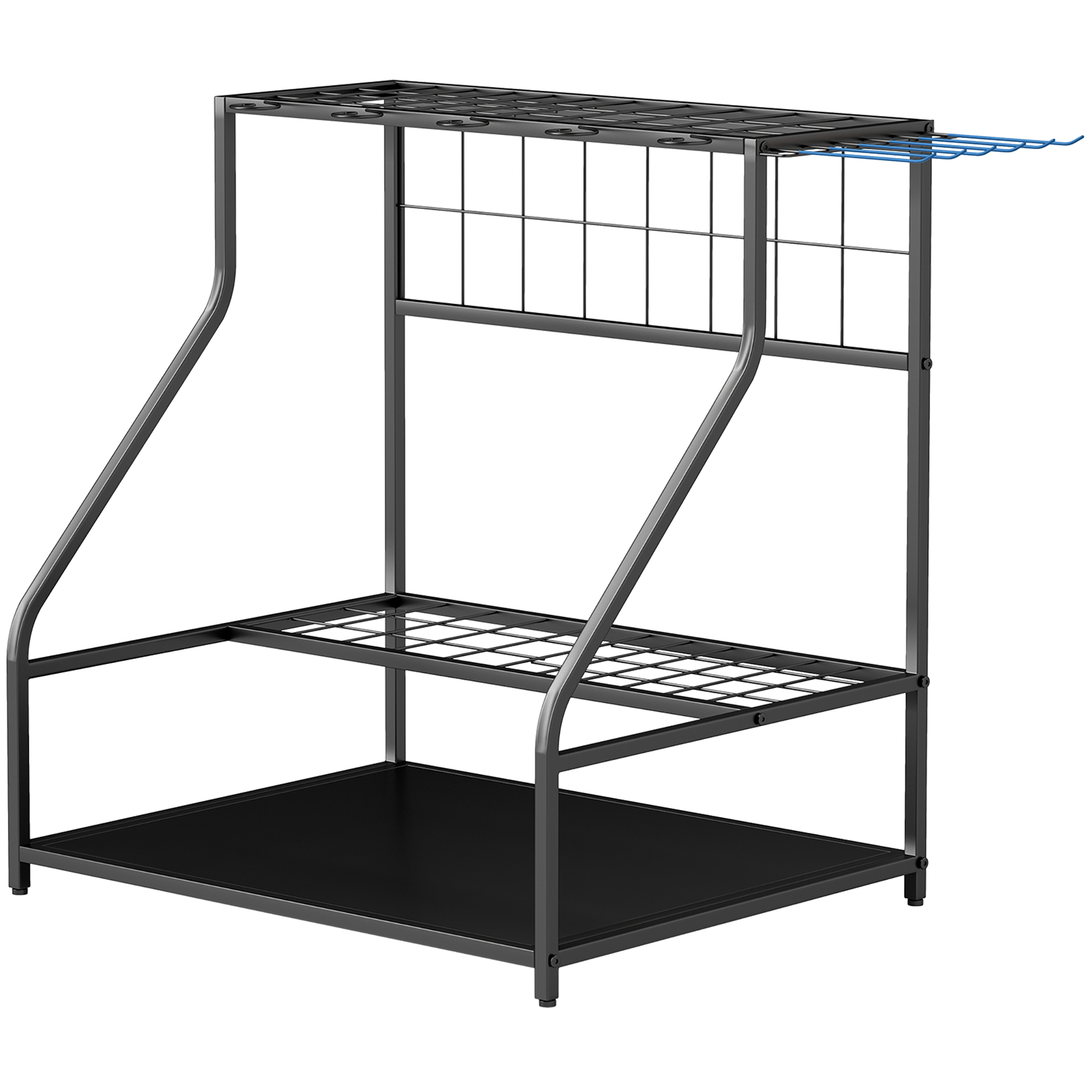 Outsunny 3-Tier Yard Tool Storage Rack, Garden Tool Organizer with Hooks for Long-Handled, Broom, Shovel, Blue