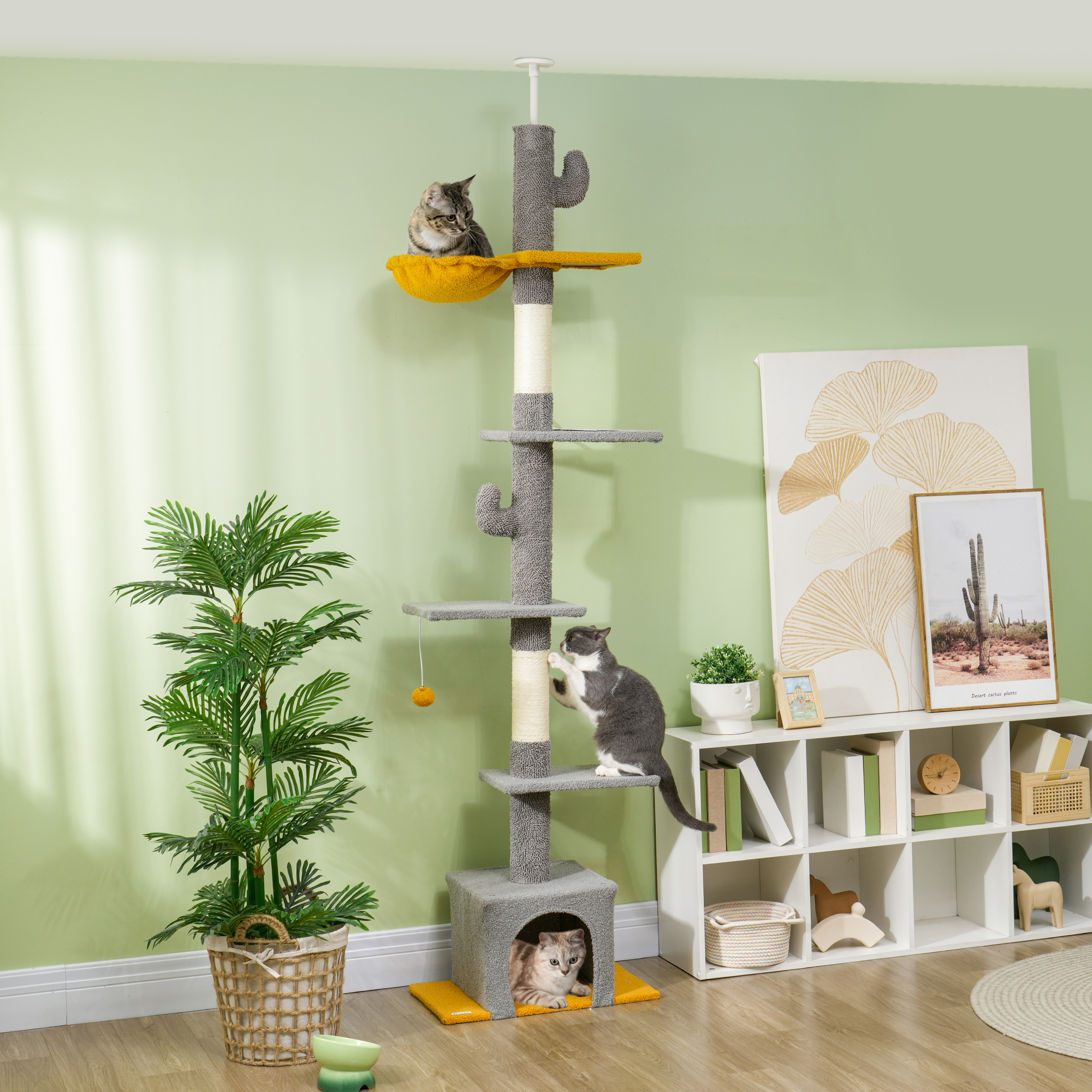 PawHut Floor to Ceiling Cat TreeTower with 90.5"-108" Adjustable Height, Scratching Posts, Hammock, Comdo, Toy Ball, Light Grey Aosom Canada