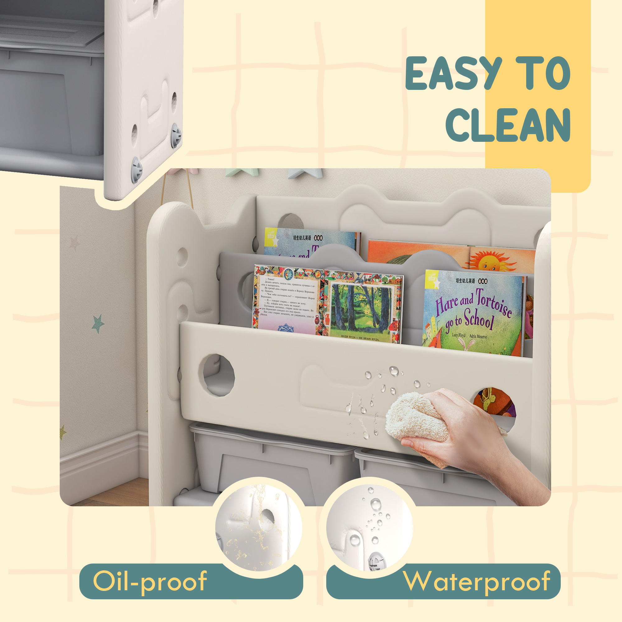 Qaba 2 Tier Kids Toy Storage Organizer, Cream White with 4 Storage Boxes, Bookshelves for Nursery, Playroom | Aosom.com 3