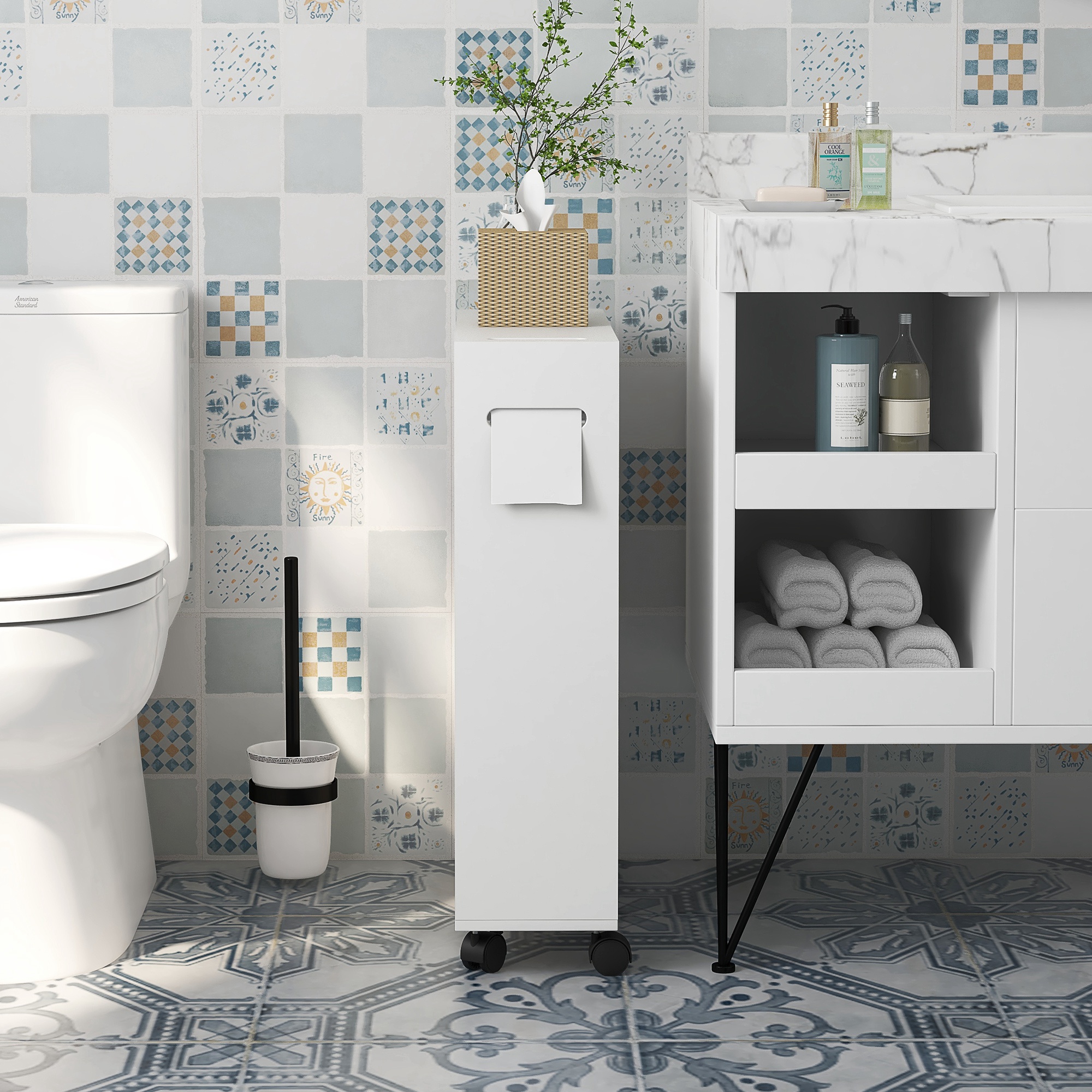 kleankin Toilet Paper Cabinet, Slim Bathroom Cabinet with 4 Rolling Wheels, Small Bathroom Storage Cabinet w/ Sliding Doors & Adjustable Shelf, White 6