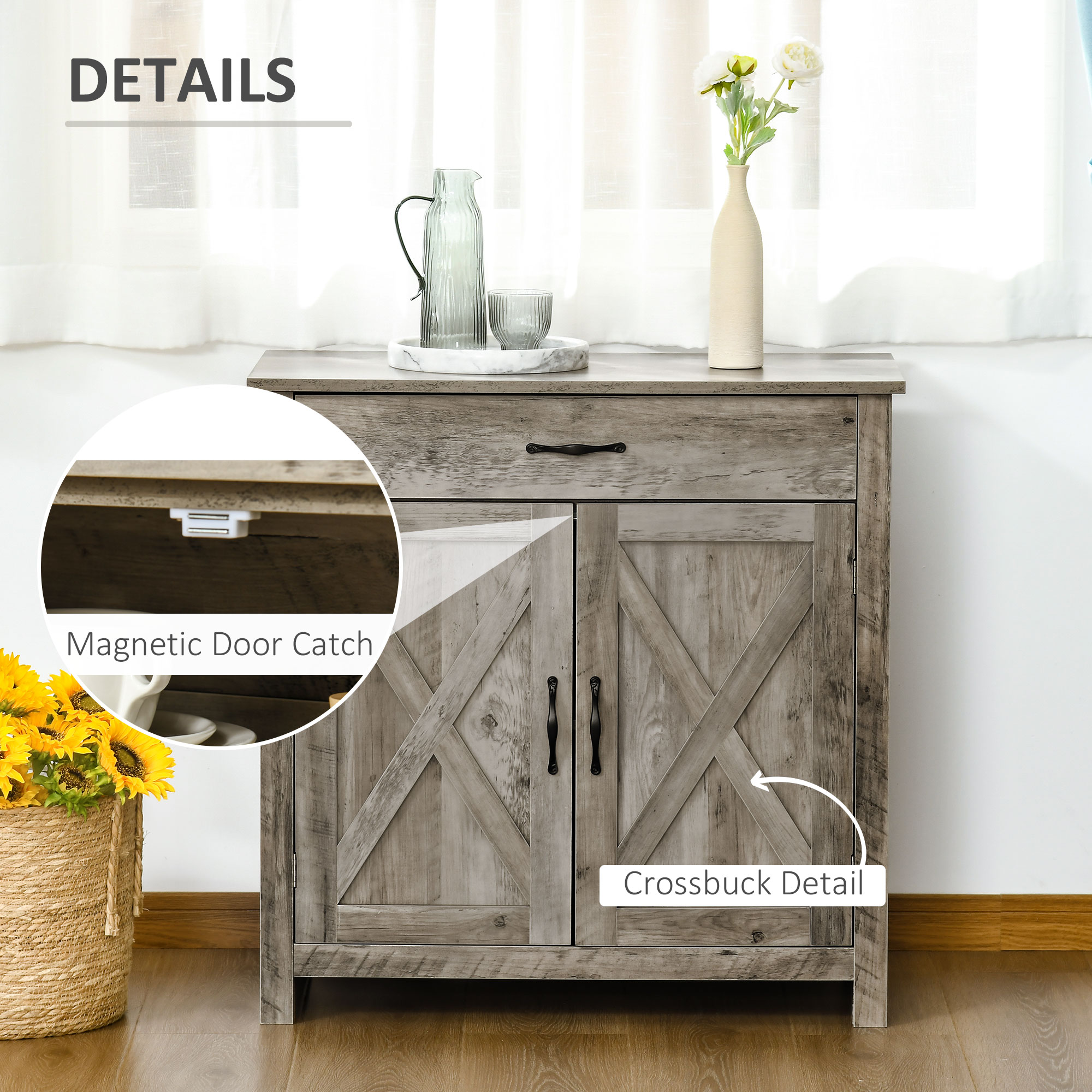 HOMCOM 32" Farmhouse Sideboard Buffet Cabinet, Barn Door Style Coffee Bar for Kitchen, Living Room or Entryway, Gray Wash 5