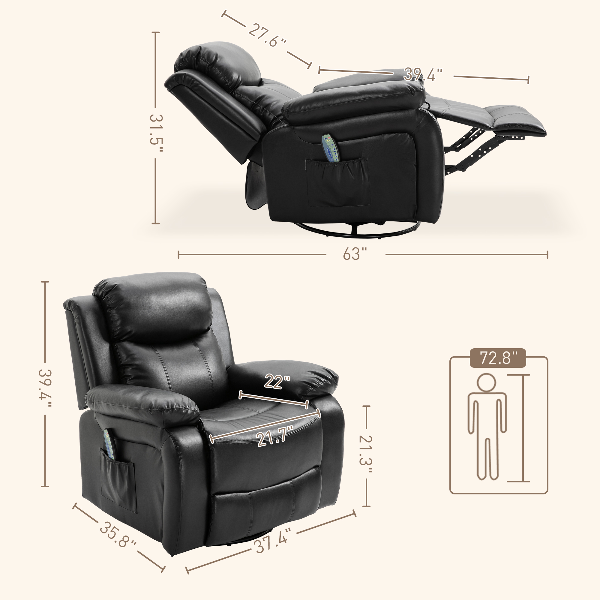 HOMCOM Recliner Chair With Massage & Heat - Oversized PU Swivel Rocker, Remote Control, Footrest, Cup Holders