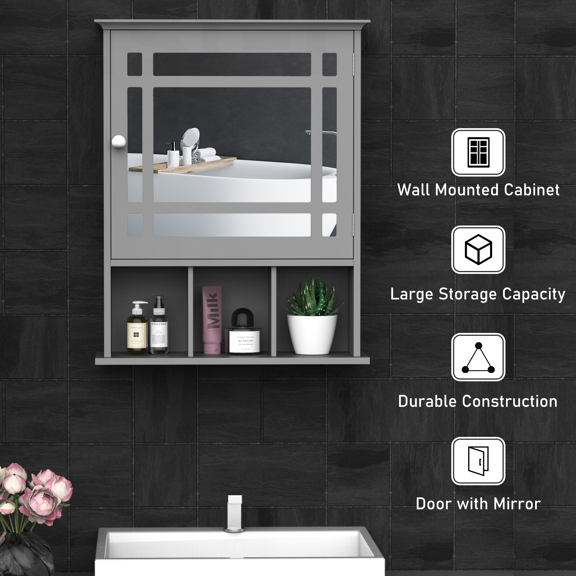 Kleankin Versatile Wall Cabinet: Gray Wall-Mounted Bathroom/Kitchen Cabinet with Mirror Door & Open Shelves | Aosom.com 5
