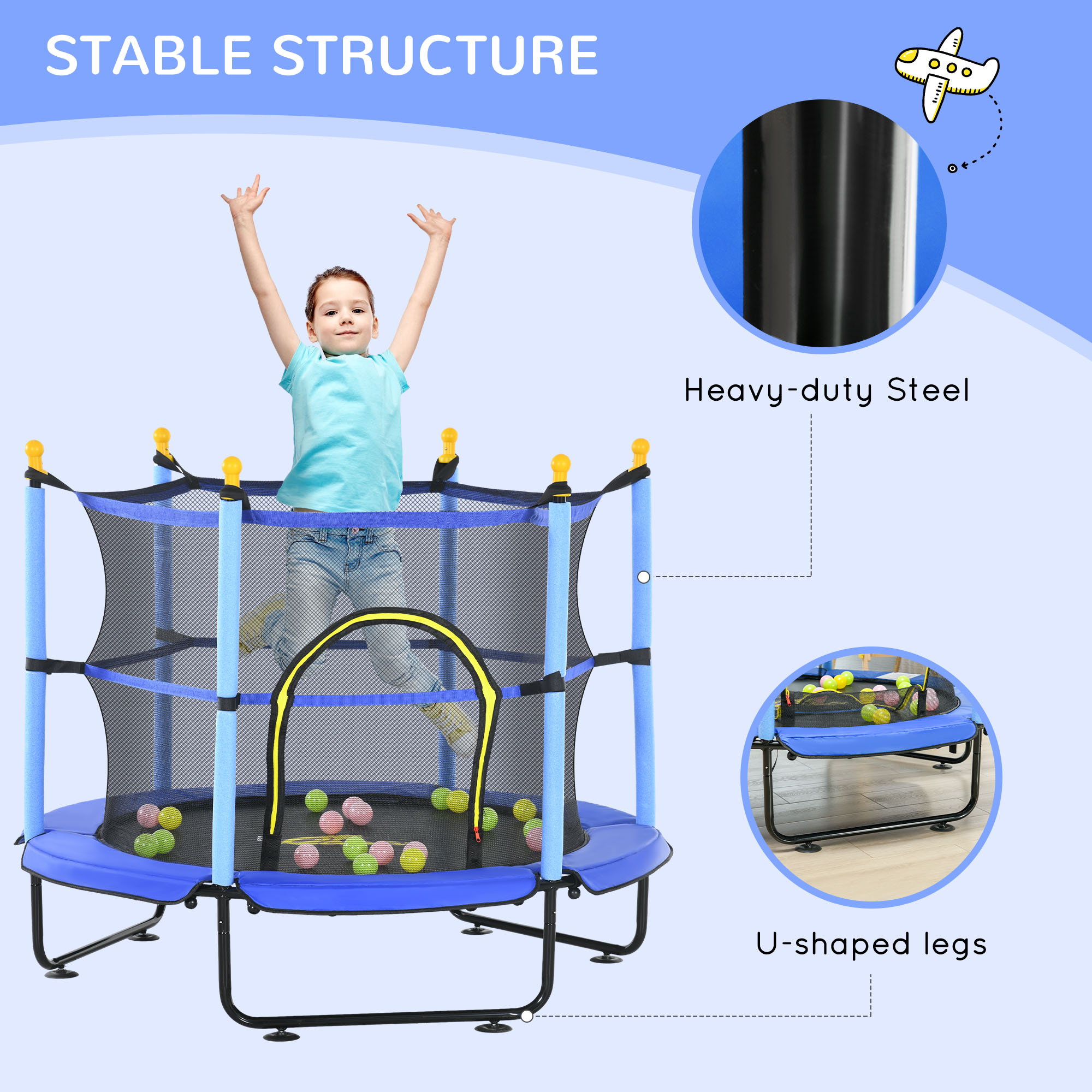Qaba Kids Trampoline, 4.6 Feet with Safety Enclosure and Ball Pit, Blue, Indoor Play Equipment | Aosom.com 3