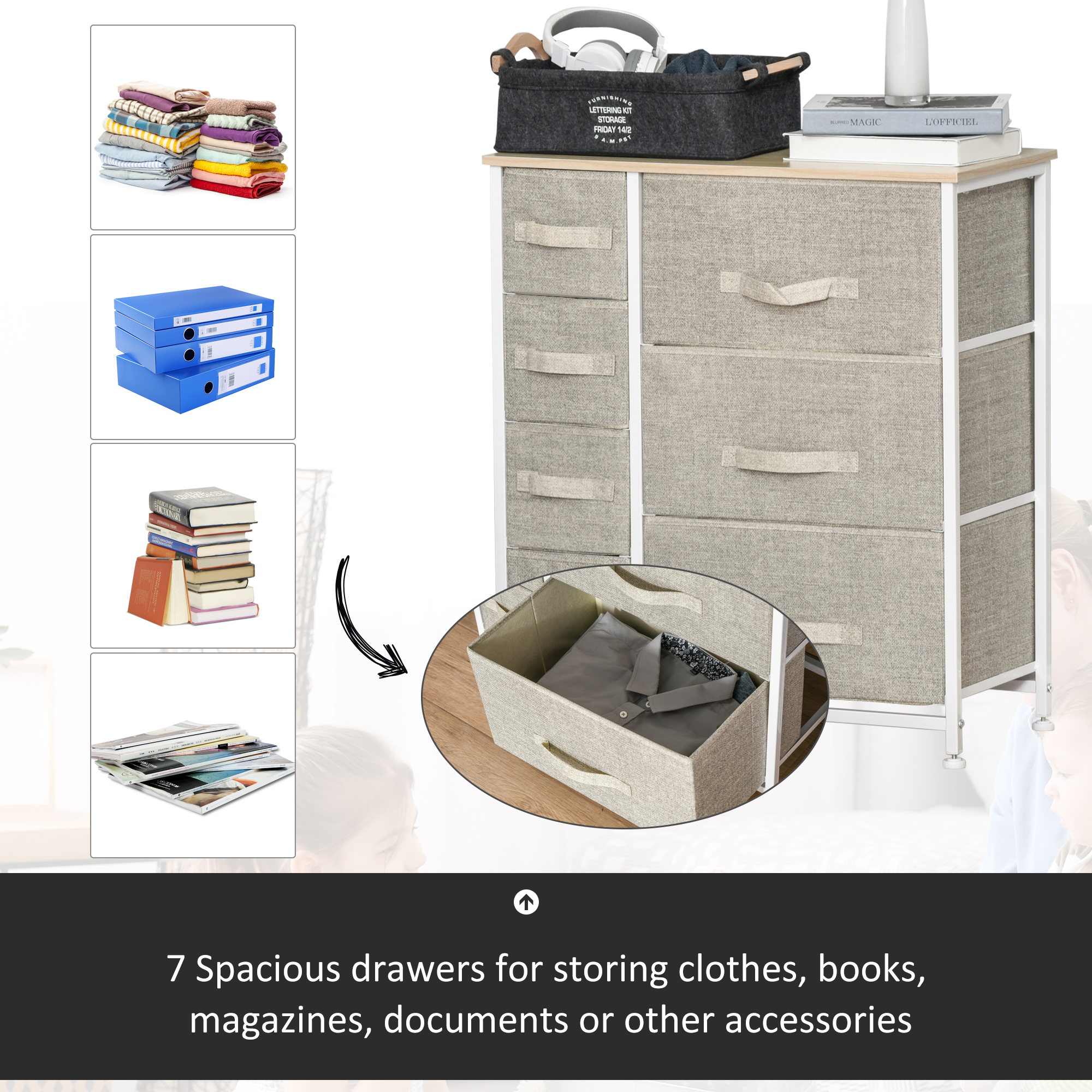 HOMCOM 7-Drawer Fabric Dresser with Easy-Pull Bins, Metal Frame for Bedroom Storage, Gray | Aosom.com 2