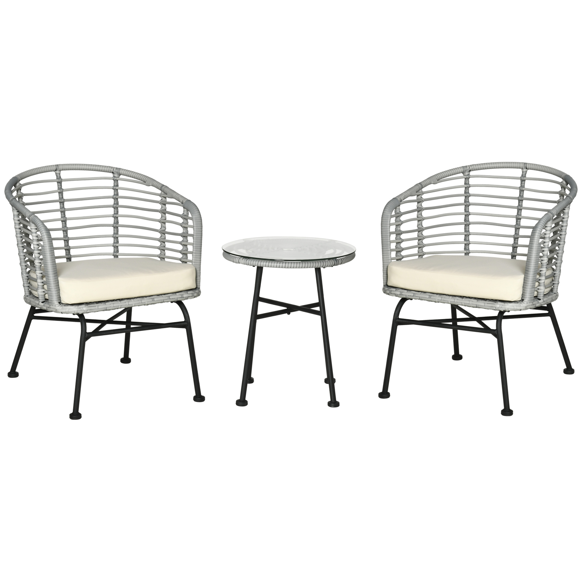 Outsunny 3 Piece Patio Bistro Set, PE Rattan with Cushioned Barrel Chairs & Glass Coffee Table, Conversation Set, Cream White