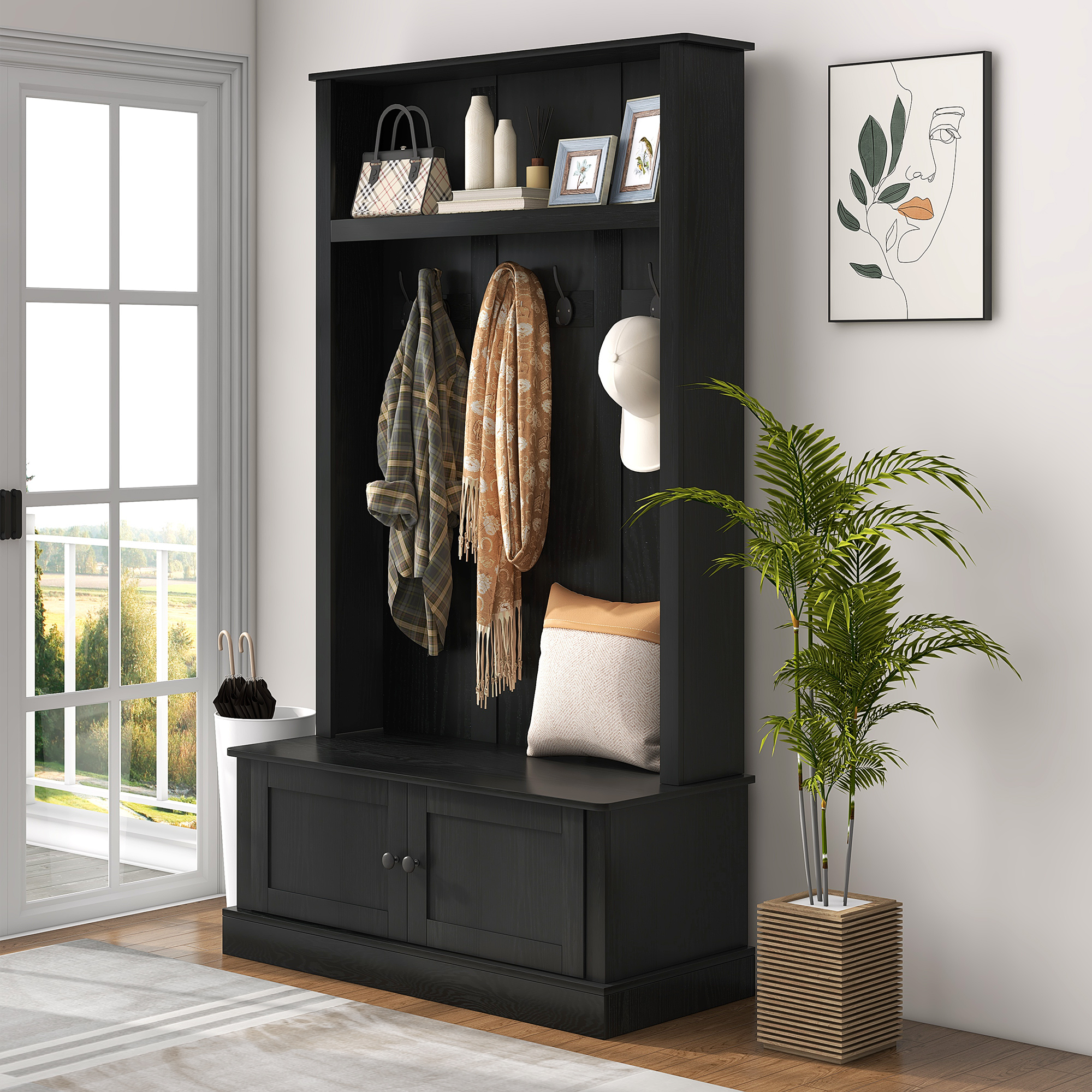 HOMCOM Hall Tree, Entryway Bench with Coat Rack, Black | Aosom.com
