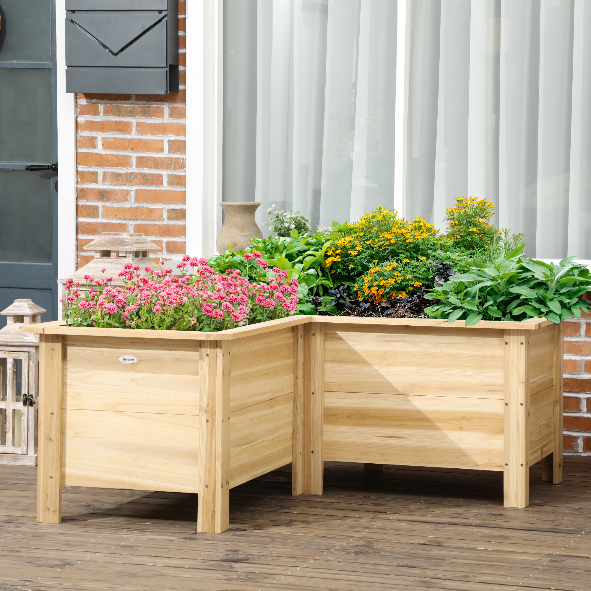 Outsunny Raised Flower Bed, Wooden Elevated Garden Planter with Legs for Backyard Flowers, L-shaped, Natural Aosom Canada