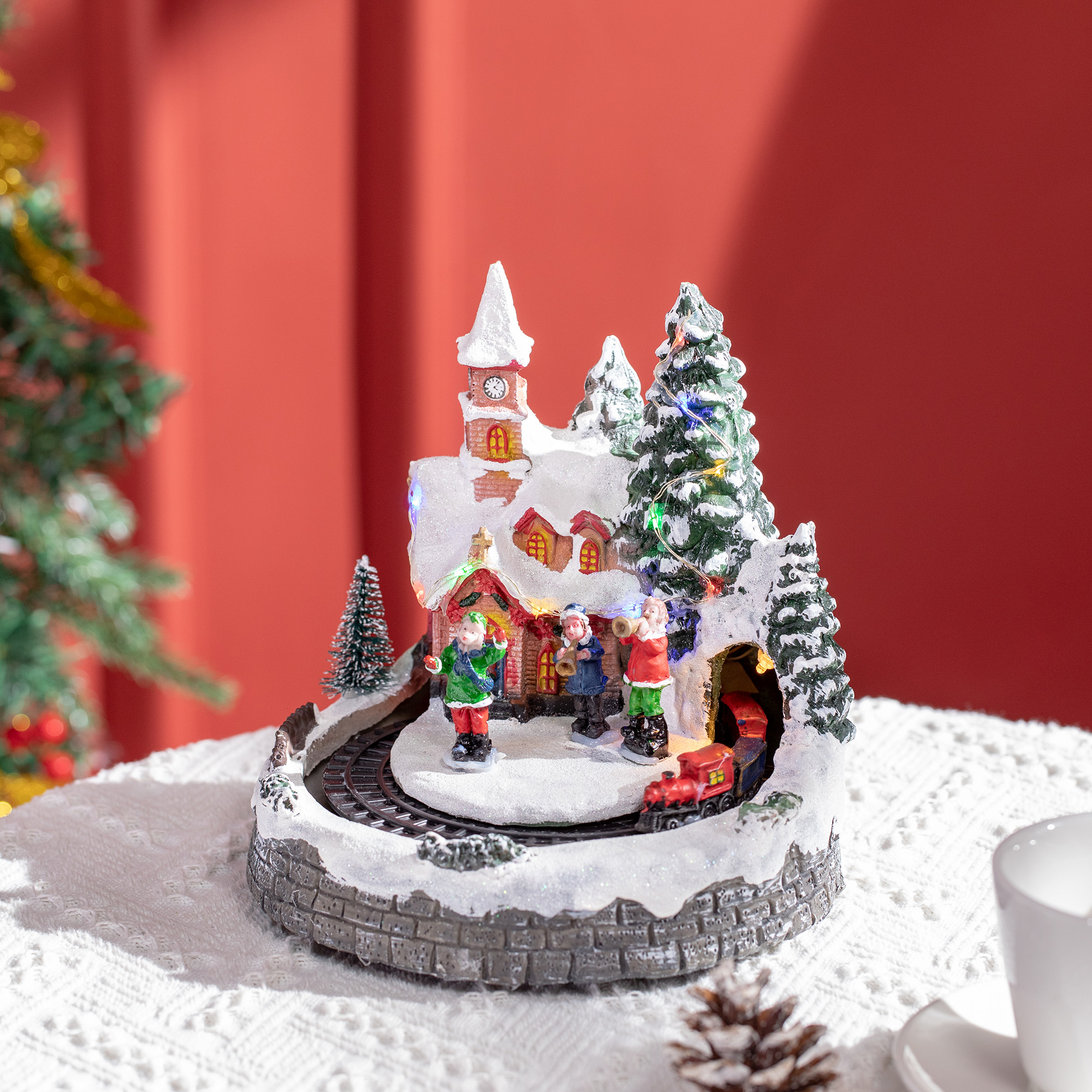 HOMCOM Desktop Christmas Decoration, Christmas Village Houses with Rotating Train, Battery Operated, Multicolored Aosom Canada