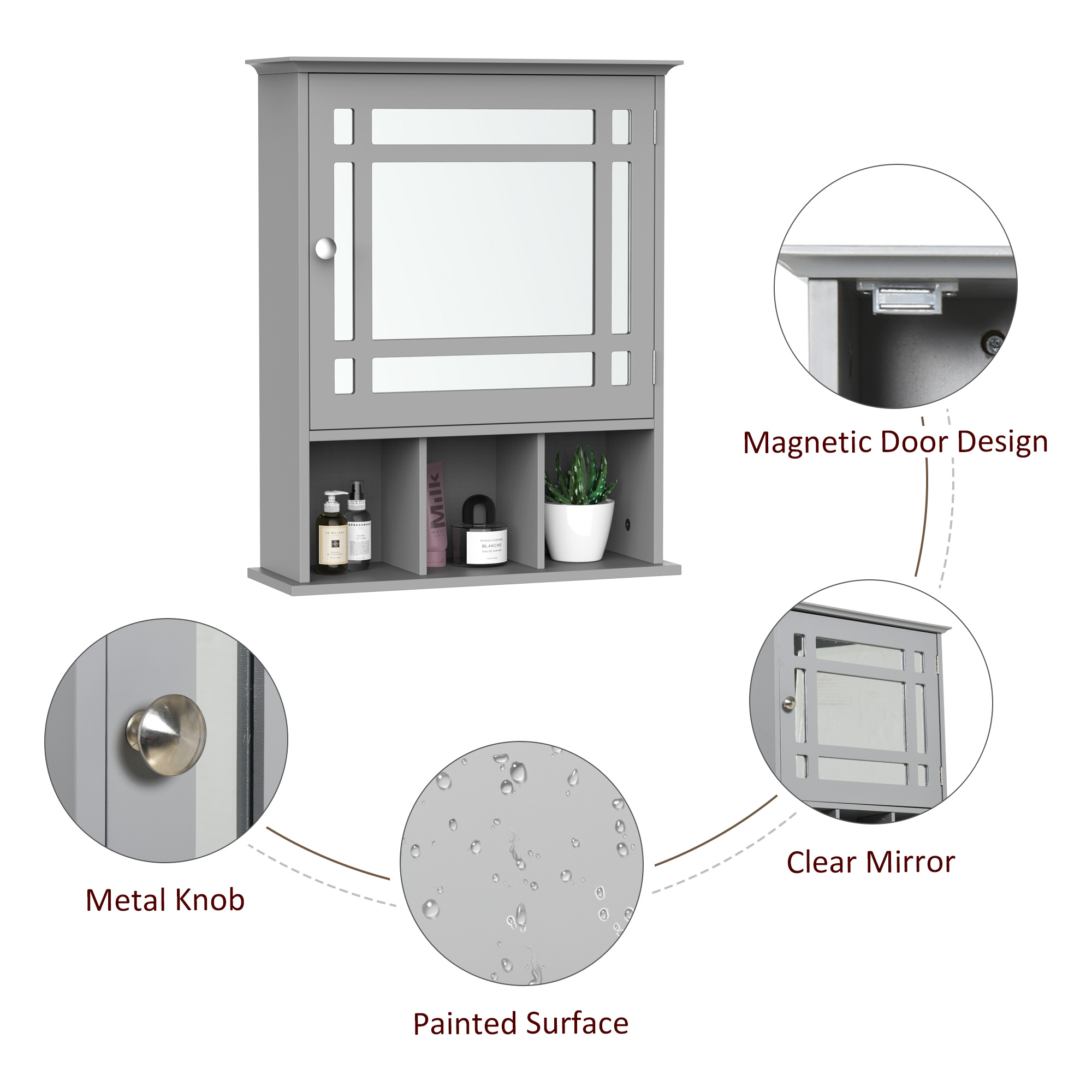 Kleankin Versatile Wall Cabinet: Gray Wall-Mounted Bathroom/Kitchen Cabinet with Mirror Door & Open Shelves | Aosom.com 4