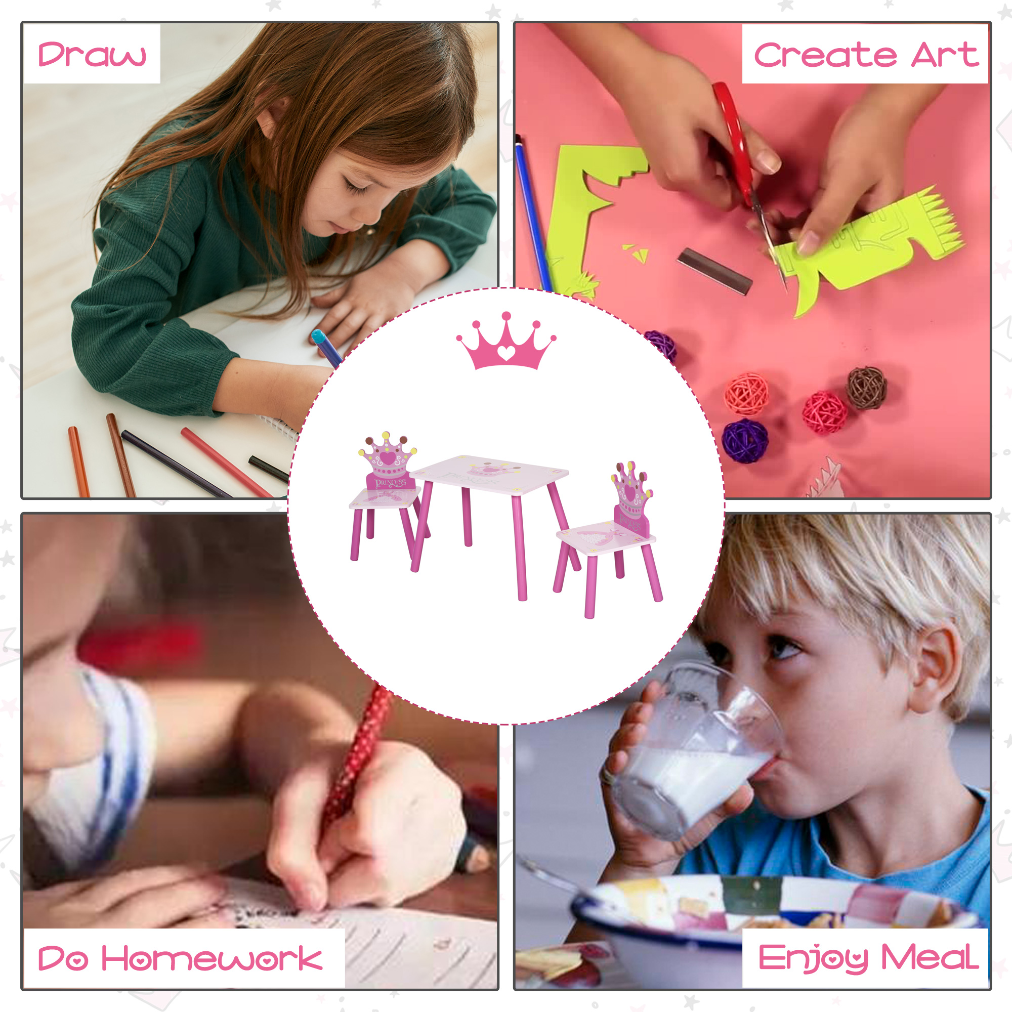Qaba Kids Wood Table and Chair, 3-Piece Set with Crown Pattern, Charming Desk for Toddlers 3-8 Years, Princess-Themed Room, Pink| Aosom.com 3