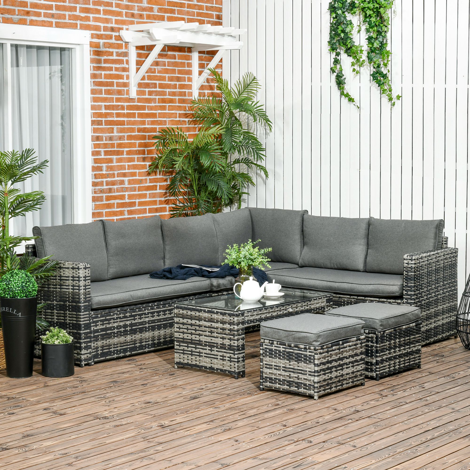Outsunny 6Pc Rattan Garden Furniture Set 8-Seater Loveseat Wicker Sofa Cushions Footstools Glass Table Outdoor | Aosom Canada