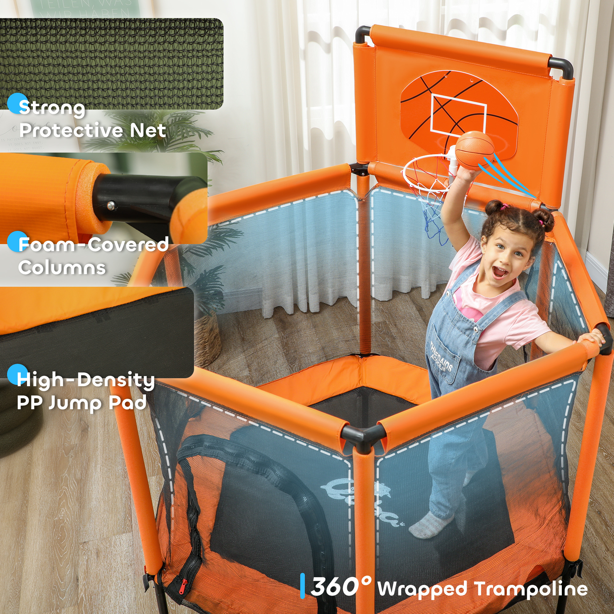 Qaba 48" Kids Trampoline  with Safety Enclosure Net, Basketball Hoop for Ages 3-6, Gifts for Boys & Girls, Orange 2