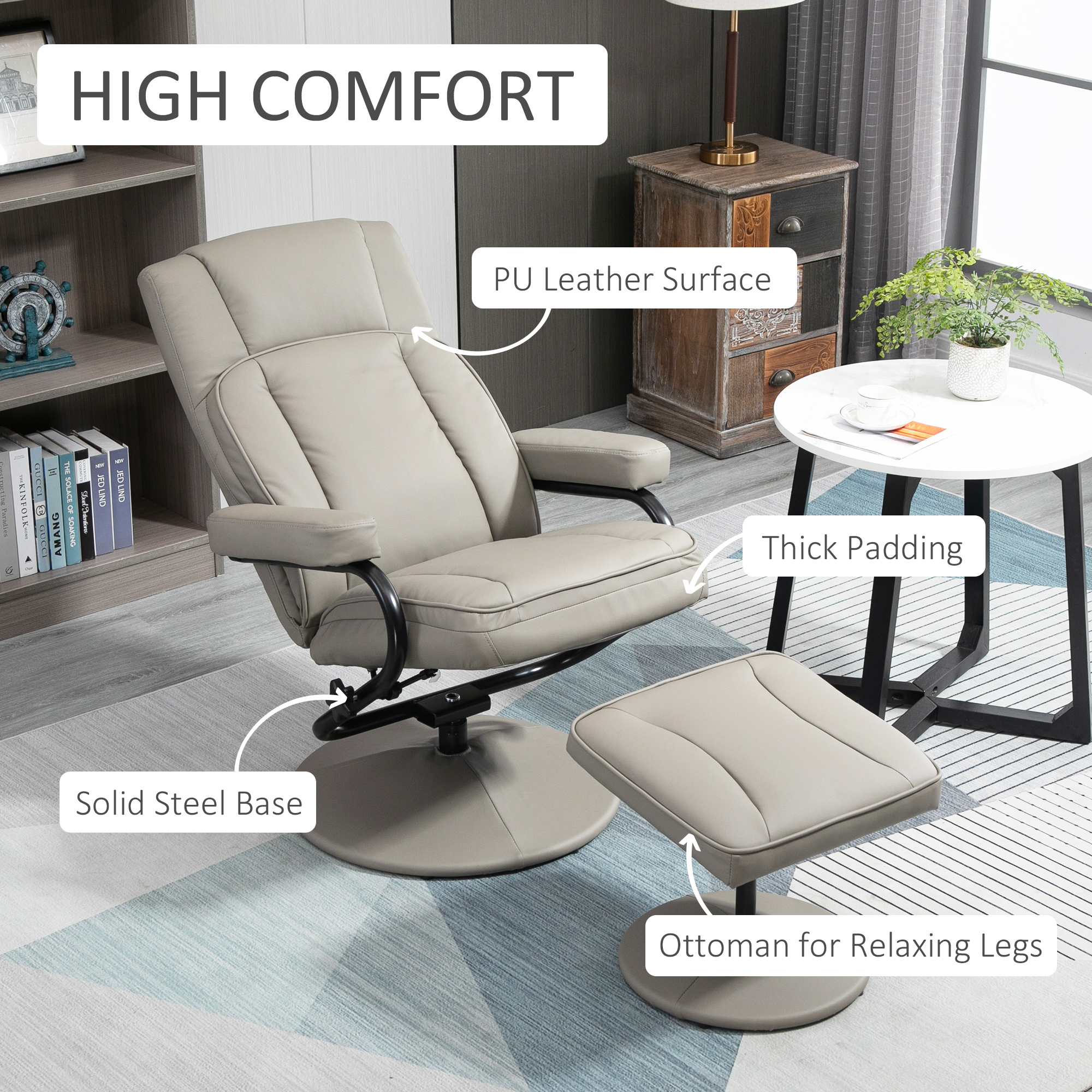 HOMCOM Swivel Recliner Grey Manual PU Leather Armchair with Ottoman for Living Room Office Bedroom | Aosom.com 4