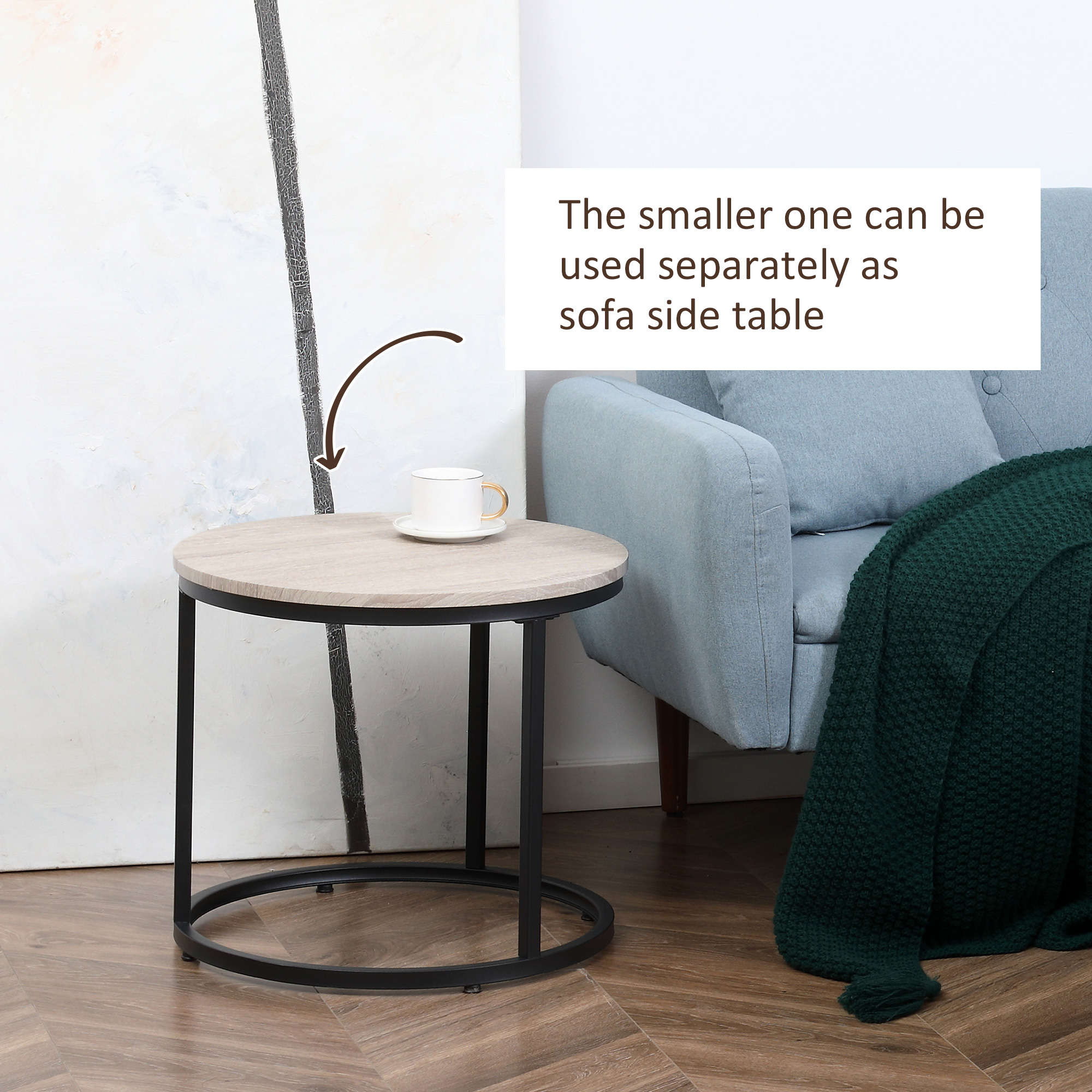 HOMCOM Nesting Coffee Tables Set of 2 Grey Round Stacking Tables with Metal Frame for Living Room | Aosom.com 3