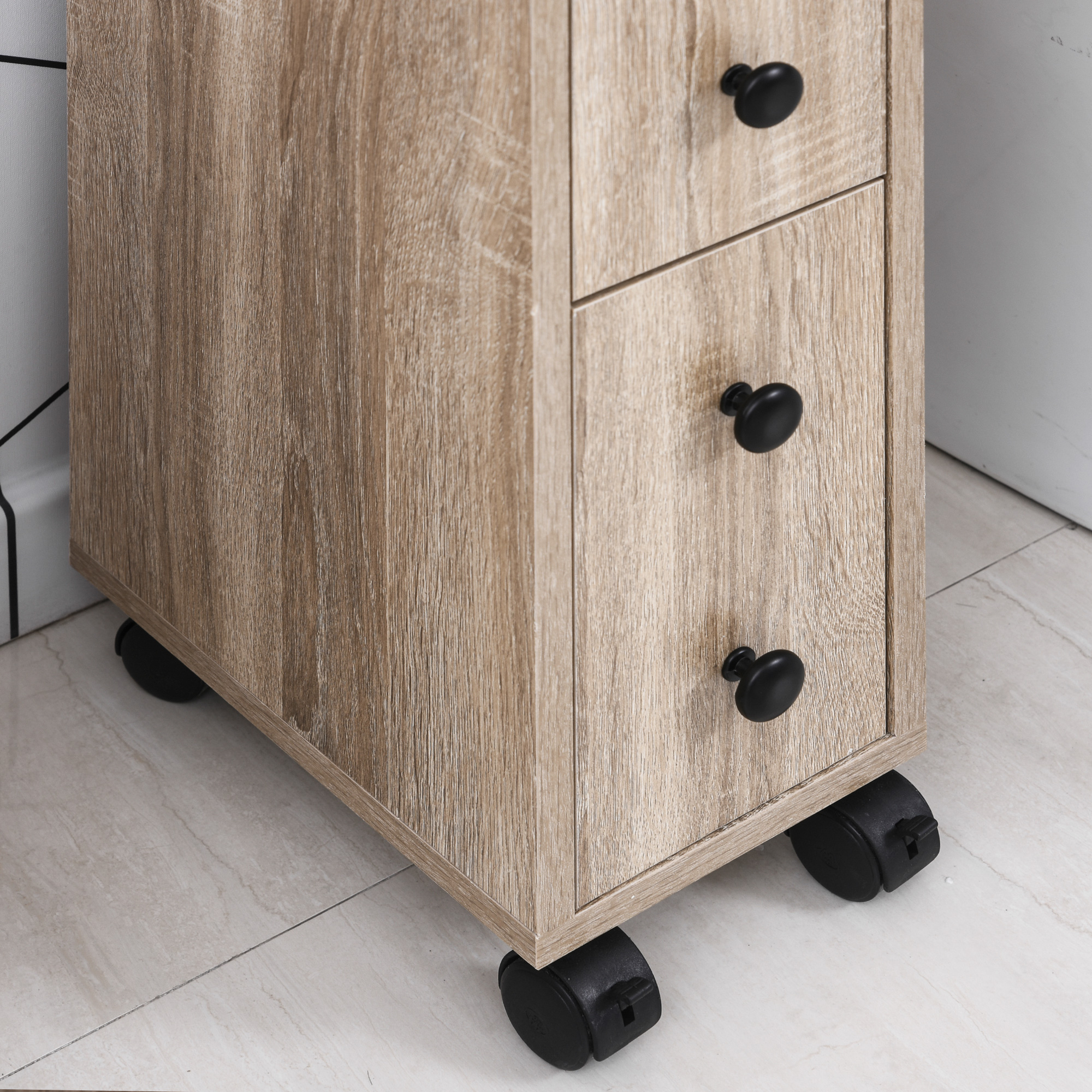kleankin Freestanding Compact Design Bathroom Cabinet with 2 Open Cabinets  1 Door Cabinet  1 Drawer and 4 Rolling Wheels  Oak Grain Color 7