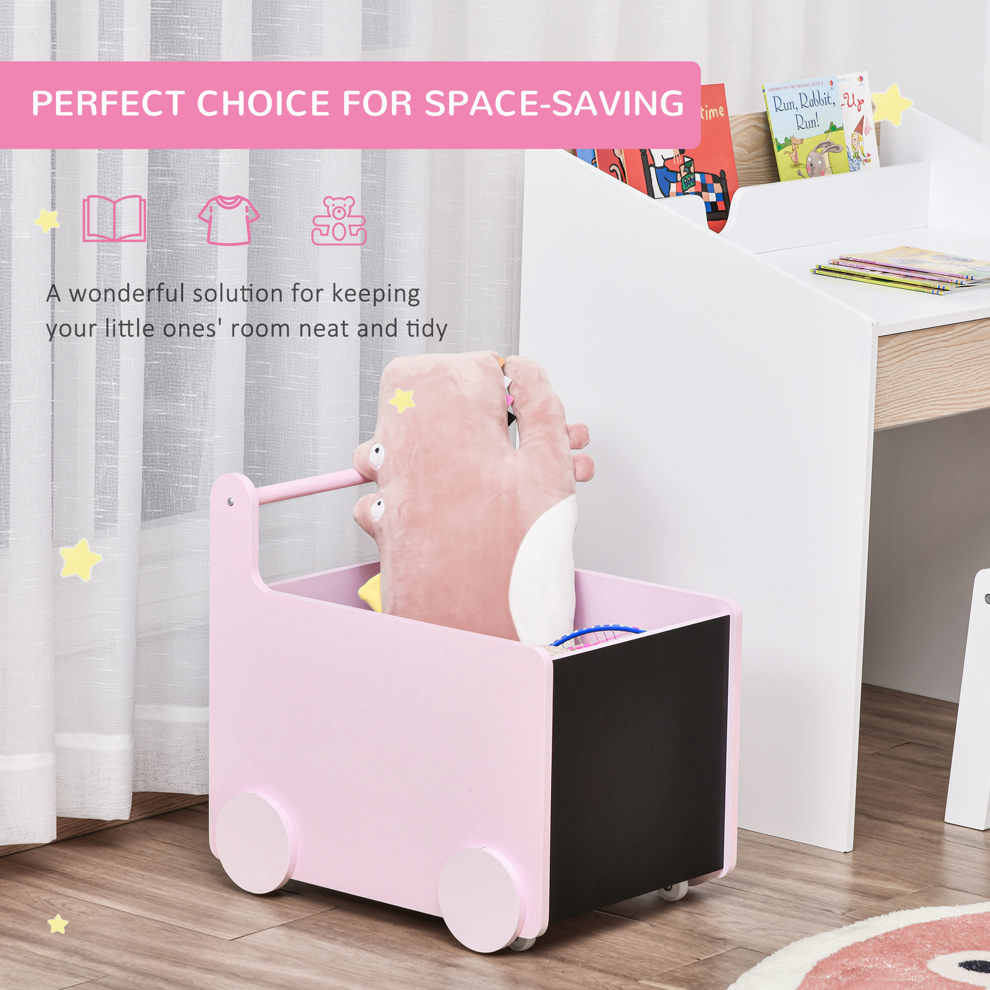 Qaba's Kids' Storage Cabinet, Organize Books, Toys, and Crafts, Safely Transport With Included Wheels, Pink 18.5"L x 13.75"W x 18"H 5