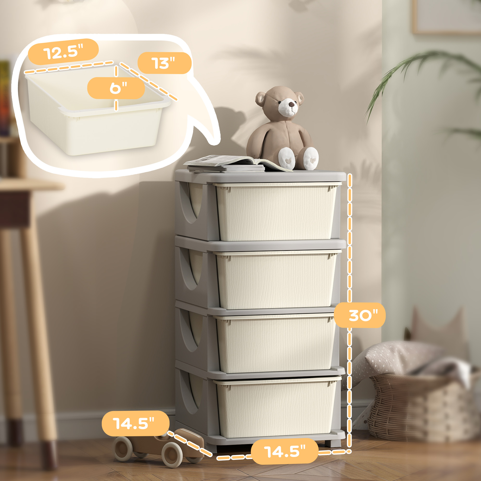 Qaba 30" 4 Tier Kids Storage Unit Dresser Tower w/ 4 Drawers, Cream White 1