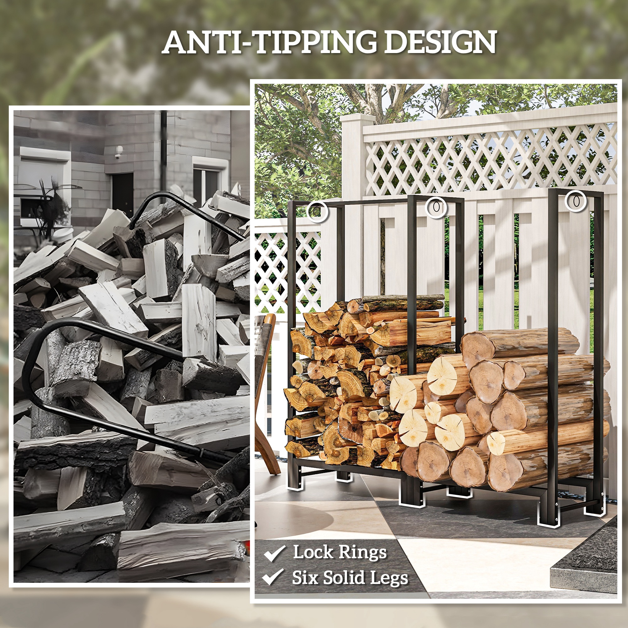 Outsunny 4ft Firewood Rack with Dual Space and Lock Rings, Steel