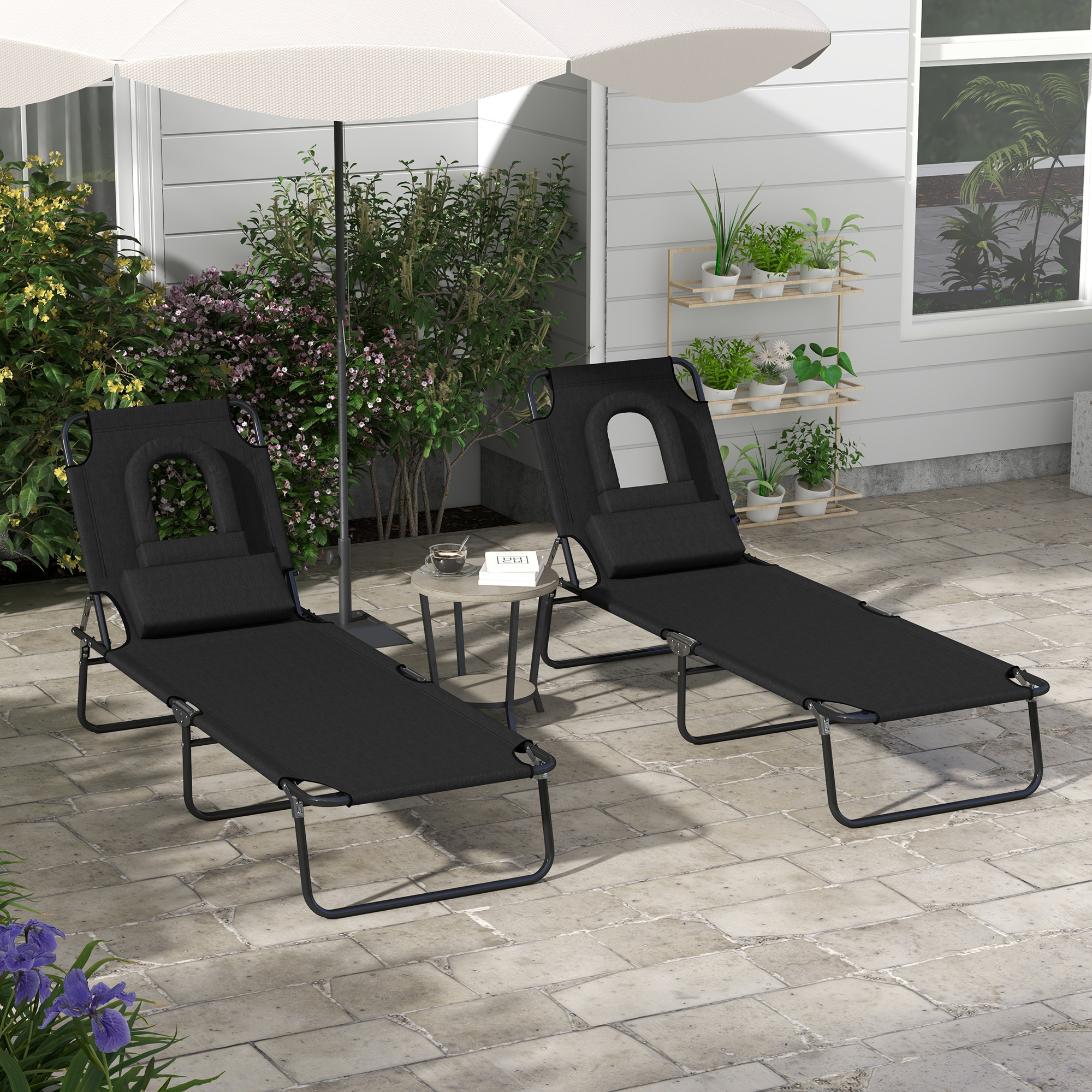Outsunny 2PCS Adjustable Outdoor Lounge Chair, Garden Folding Chaise Lounge w/ Reading Hole Reclining Tanning Chair Seat, Folding Camping Beach
