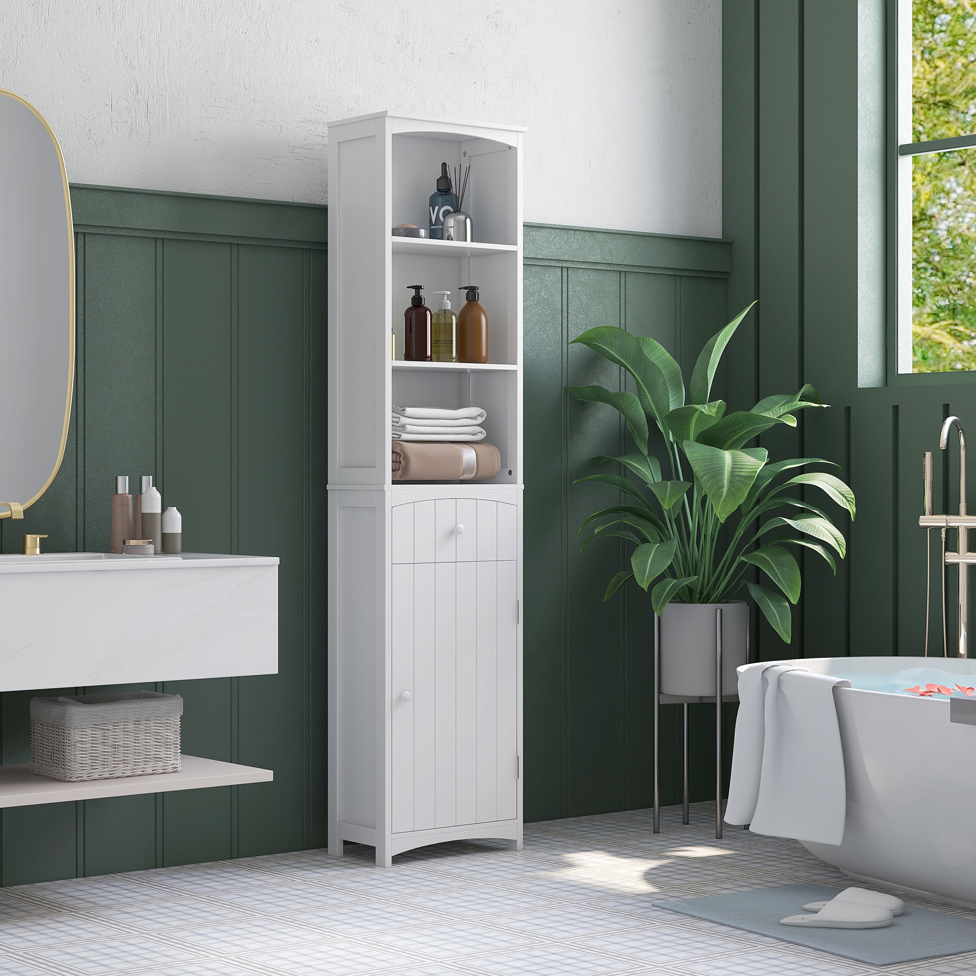 HOMCOM Tall Bathroom Storage Tower with Shelves & Drawer: 3-Tier Shelves, Drawer & Linen Cabinet in White Space-Saving Design Aosom Canada