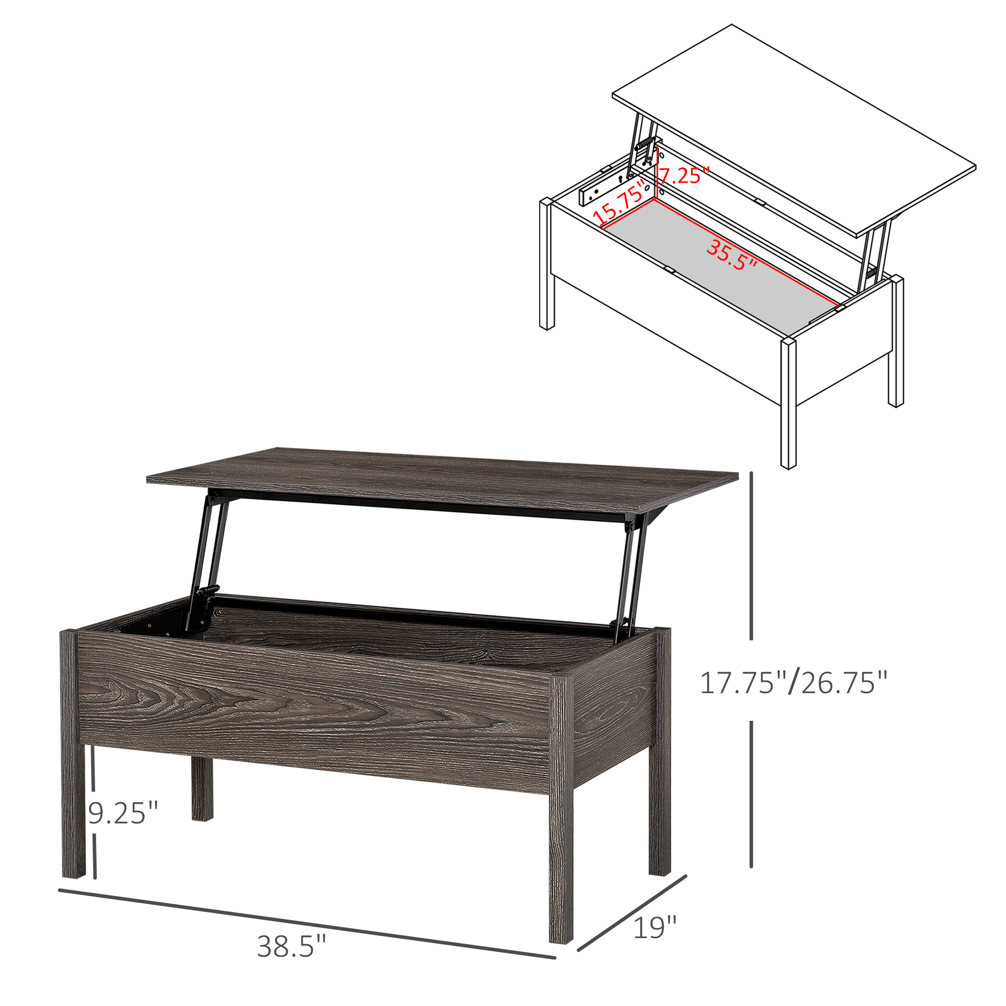 HOMCOM Modern Lift Top Coffee Table with Hidden Storage Light Grey Woodgrain for Stylish Living Room | Aosom.com 1