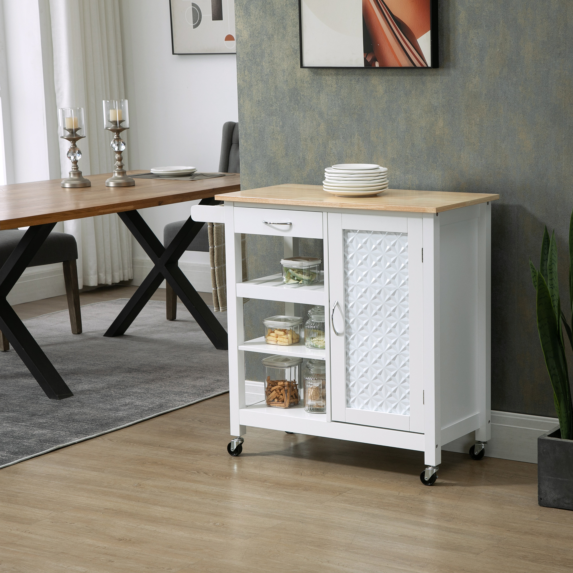 HOMCOM Kitchen Craft: Wheeled Cart with Embossed Door Panel, Storage Drawer, White Utility Island Aosom Canada