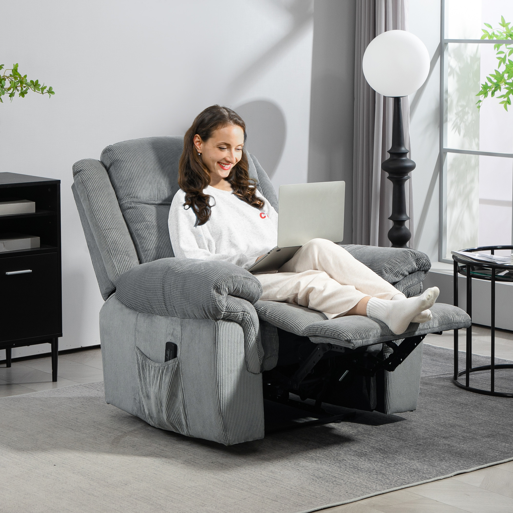 HOMCOM Manual Recliner Chair with 8-Points & 5 Modes Vibration Massage, Side Pockets, Corduroy Reclining Chair for Living Room, Grey Aosom Canada