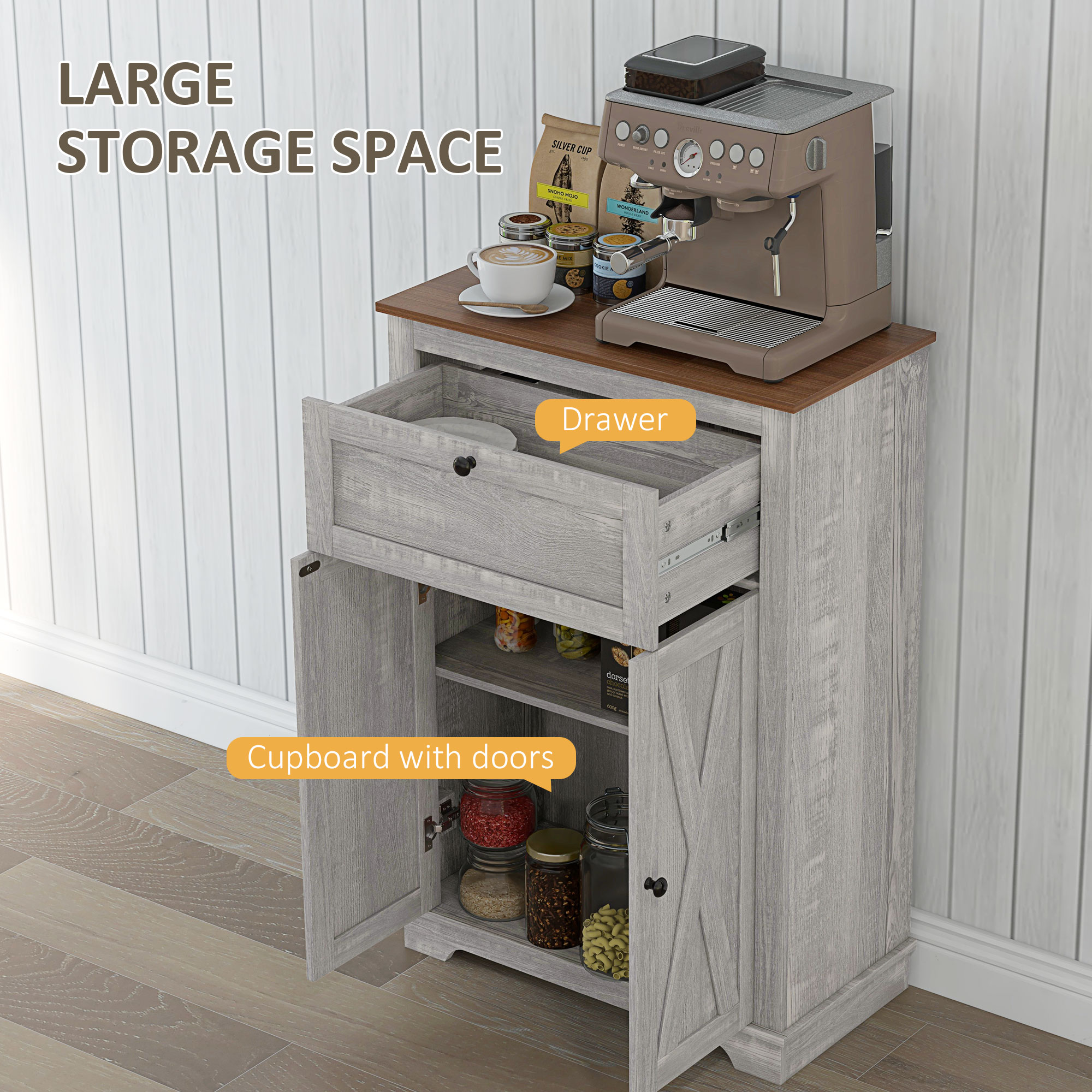 HOMCOM Farmhouse Sideboard Storage Cabinet with Doors and Drawer for Kitchen, Living room, 23.5"x11.75"x34.5", Light Gray 2