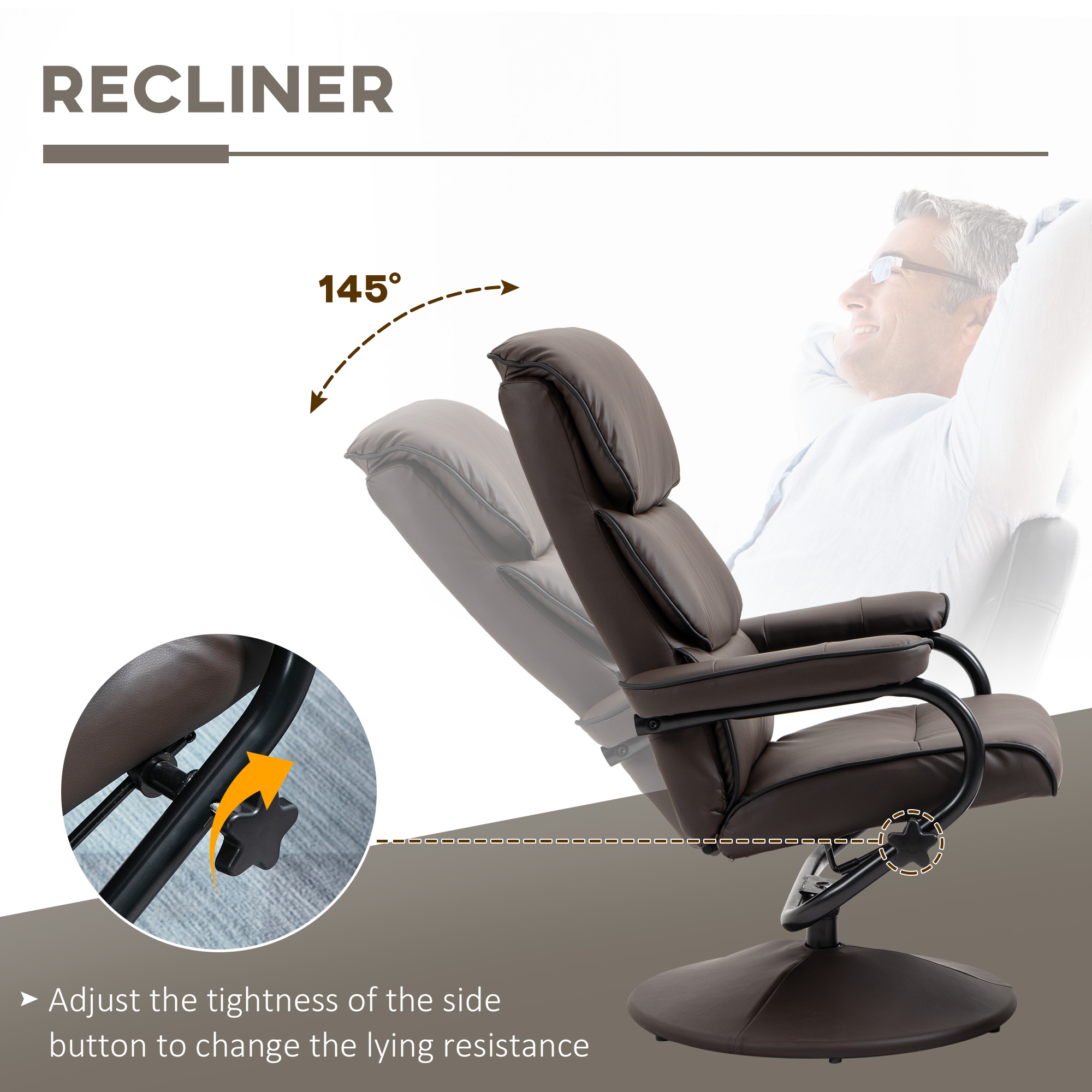 HOMCOM Recliner Chair with Ottoman Cream White Swivel PU Leather High Back Armchair Thick Foam, Brown| Aosom.com 2