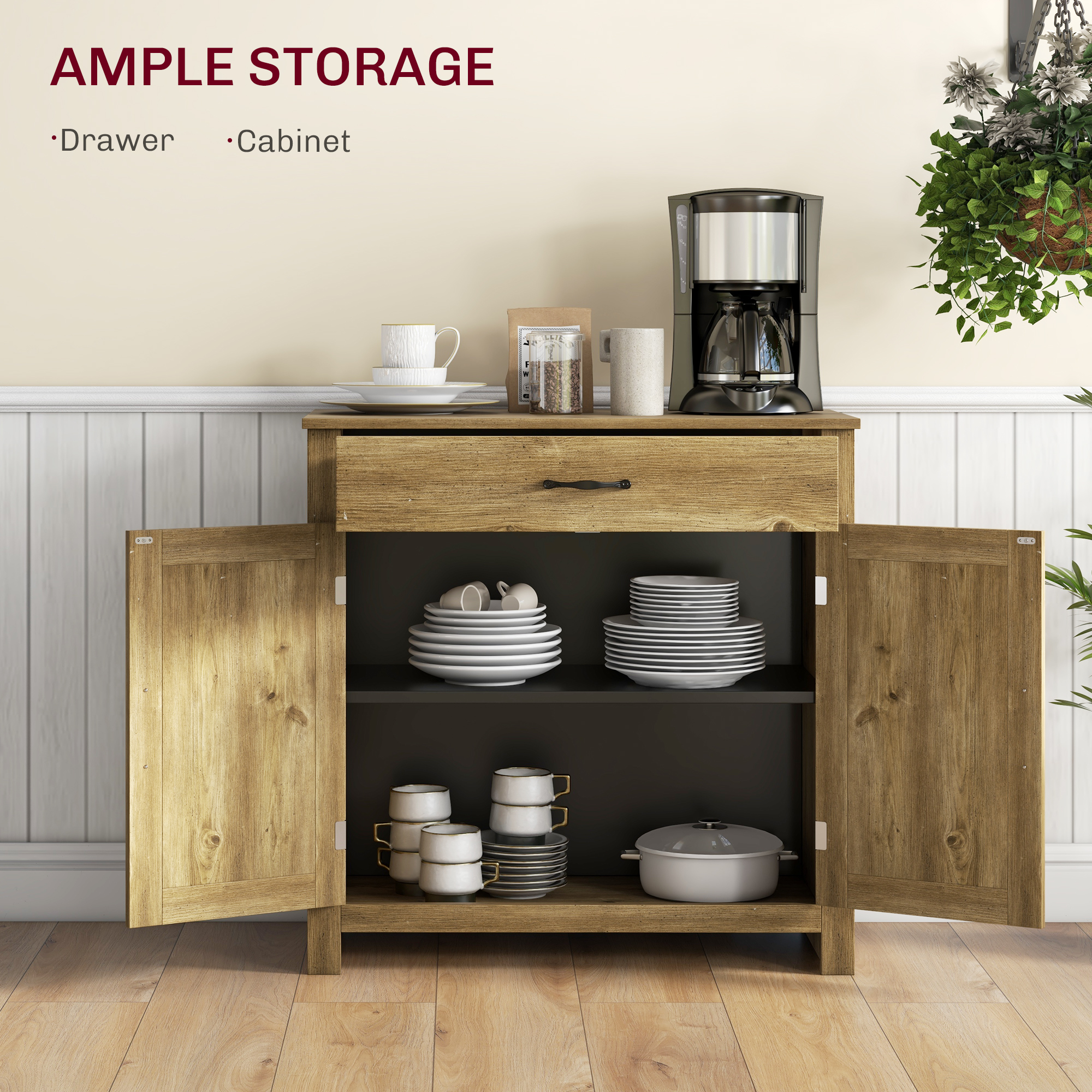 HOMCOM Farmhouse Sideboard, Kitchen Buffet Cabinet with Barn Doors, Drawer, Adjustable Shelf, Natural Wood | Aosom.com 2