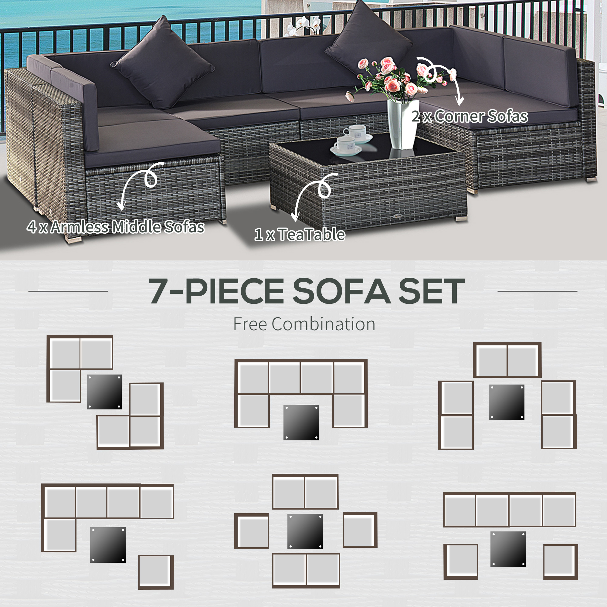 Outsunny Outdoor Wicker Conversation Set with Cushions, Gray