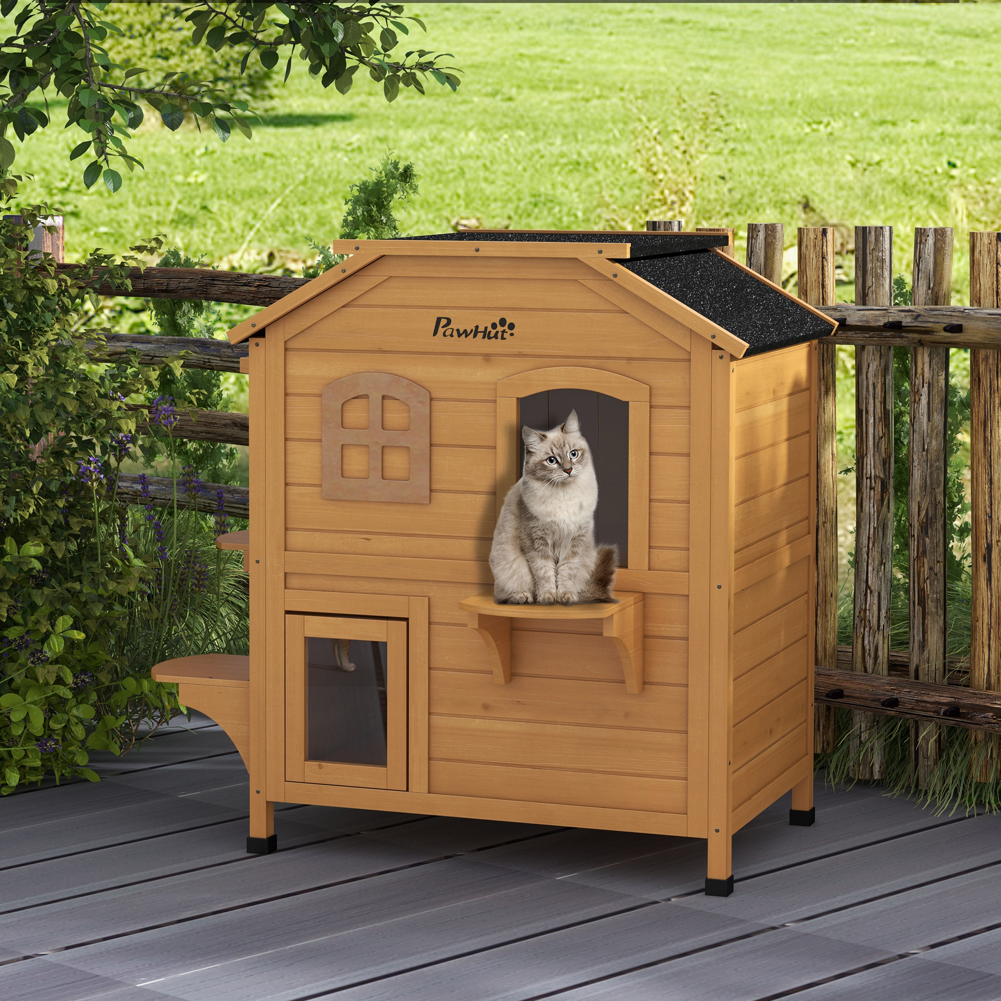 PawHut Solid Wood Cat House 2-Stories with Tons of Room Waterproof