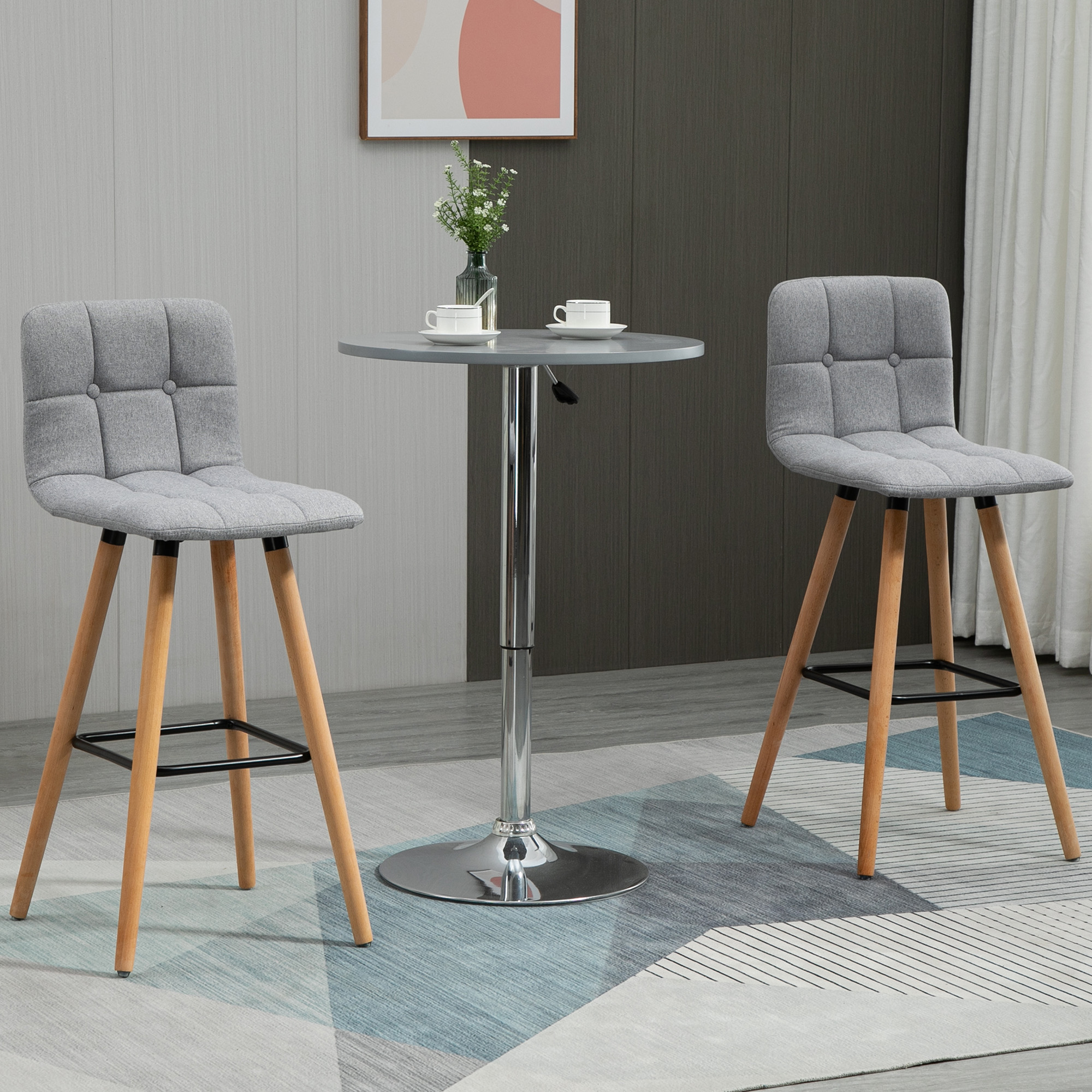 HOMCOM Modern Upholstered Stools: Set of 2 38" Kitchen Island Stools with Backrest, Steel Footrest, Solid Wood Legs, Grey Finish Aosom Canada