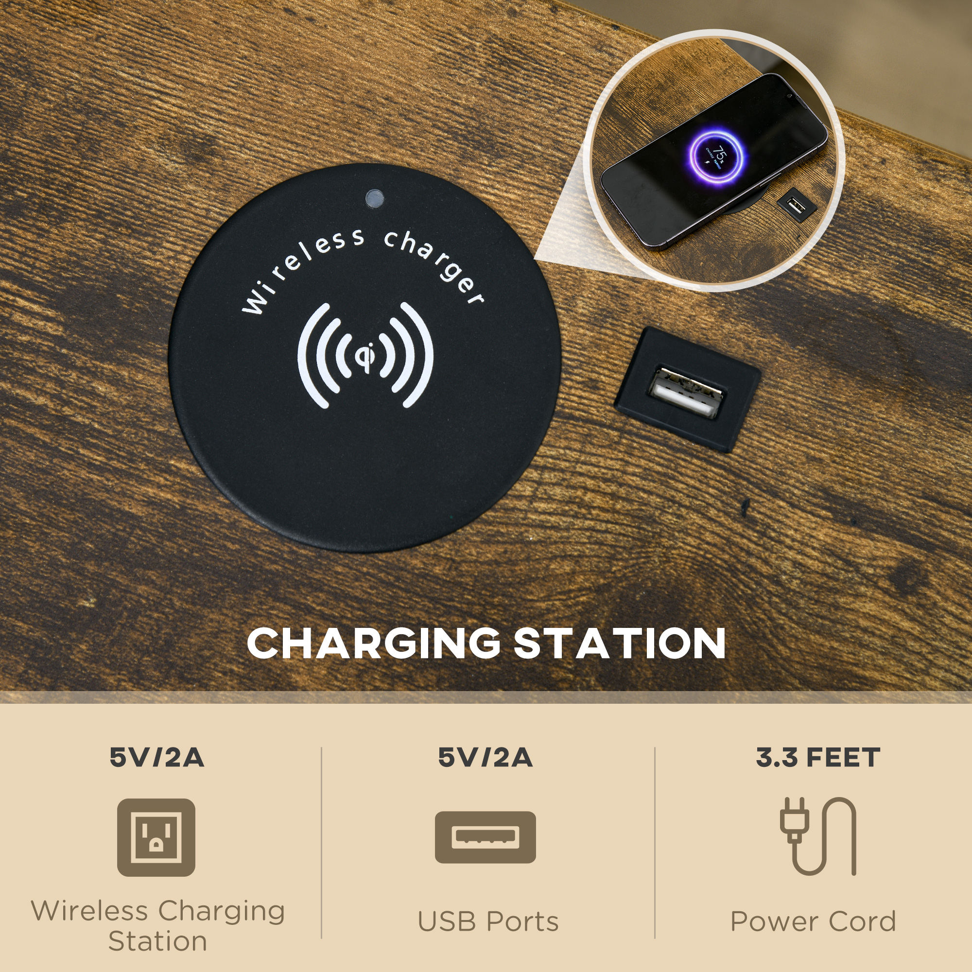HOMCOM End Table with Wireless Charging Station, 2 USB Ports, Rustic ...