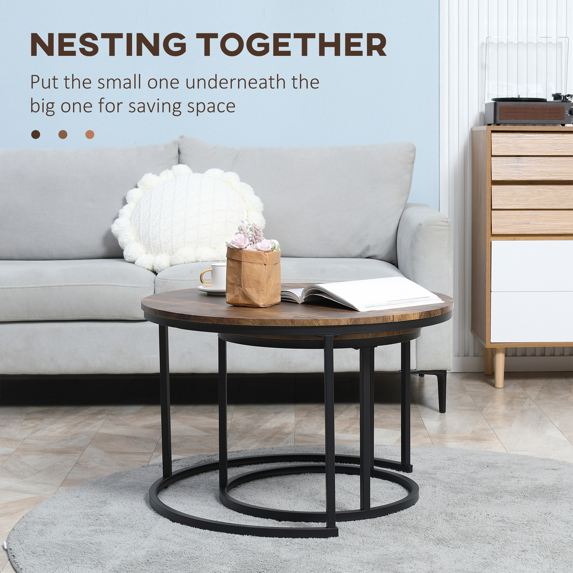 HOMCOM Round Nesting Tables Set of 2, Stacking Coffee Table Set with Metal Frame for Living Room, Rustic Brown 2